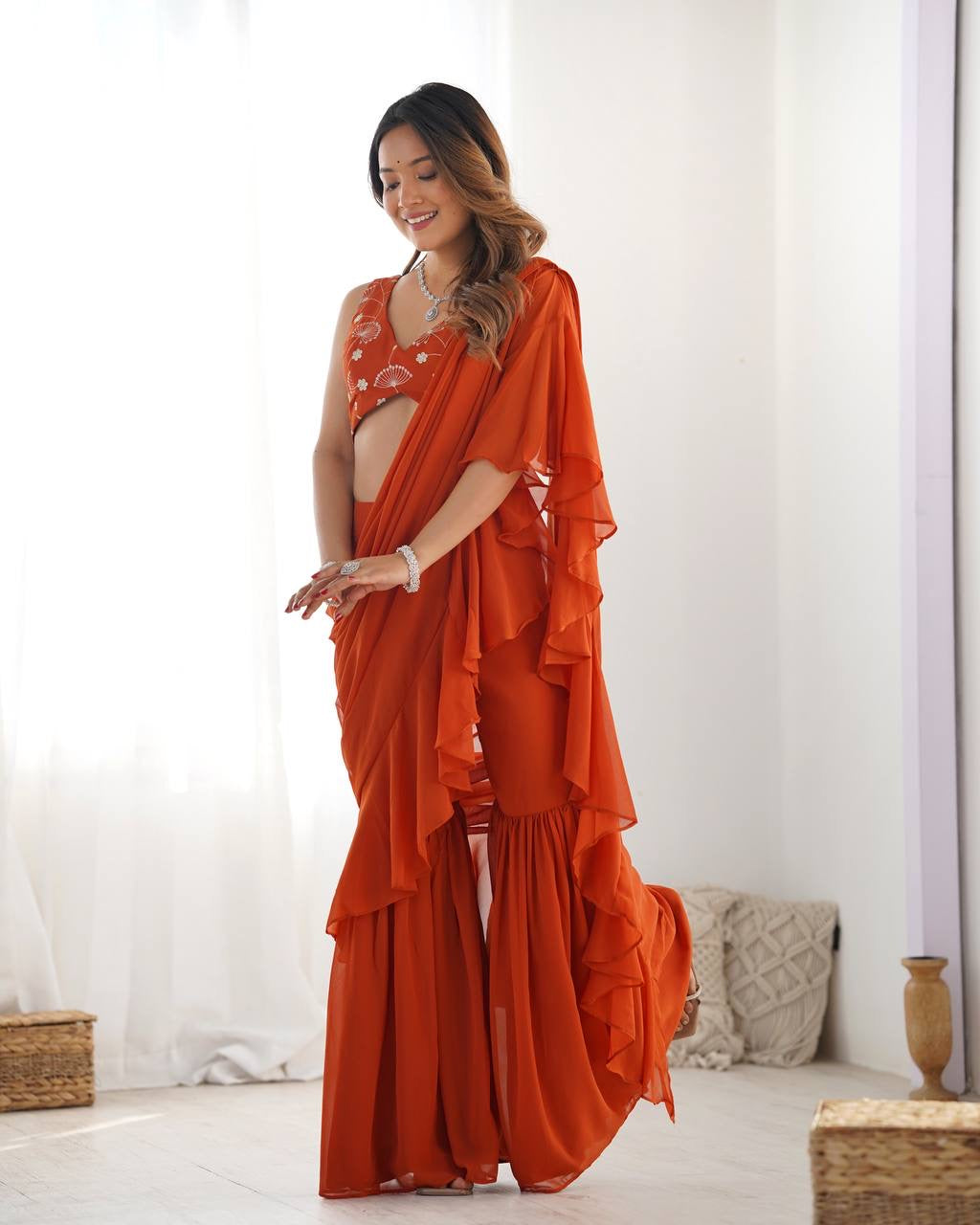 Ready-to-Wear Sharara Saree with Embroidered Blouse – Orange