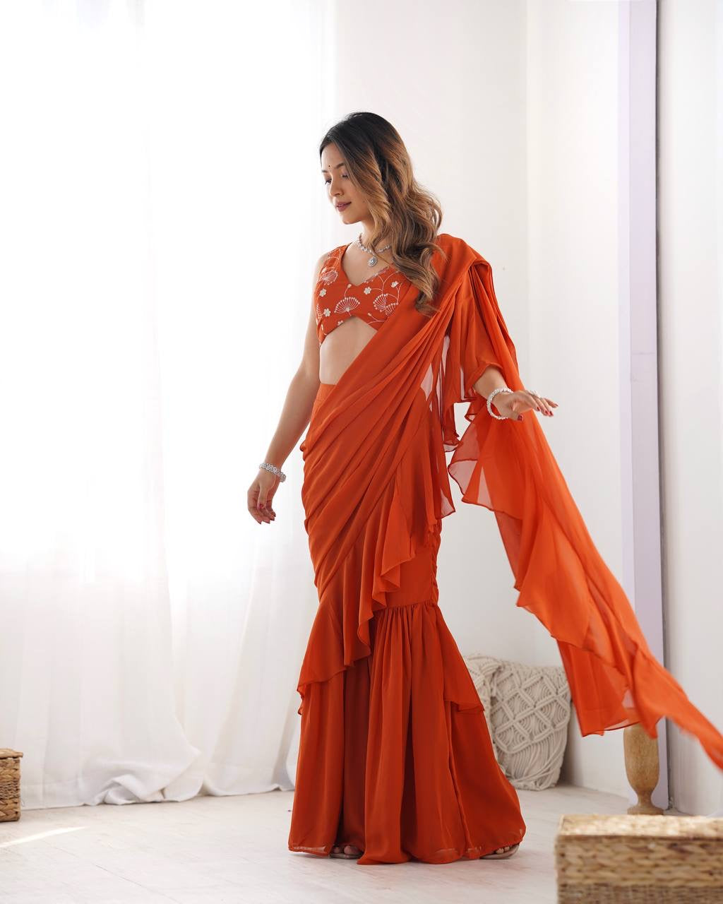 Ready-to-Wear Sharara Saree with Embroidered Blouse – Orange