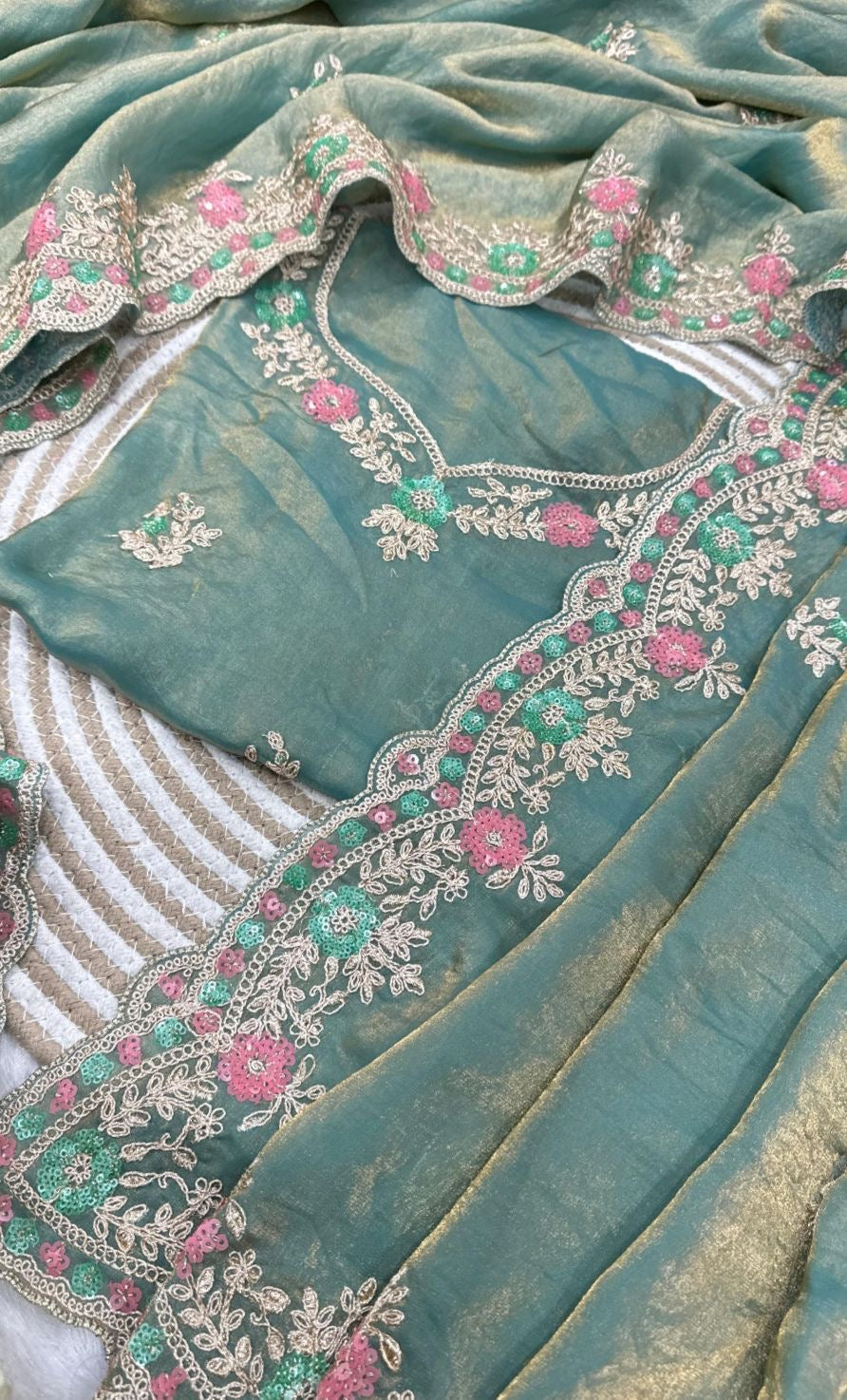 Party Wear Saree in Satin Silk with Embroidery & Sequin Work with Stitched Blouse