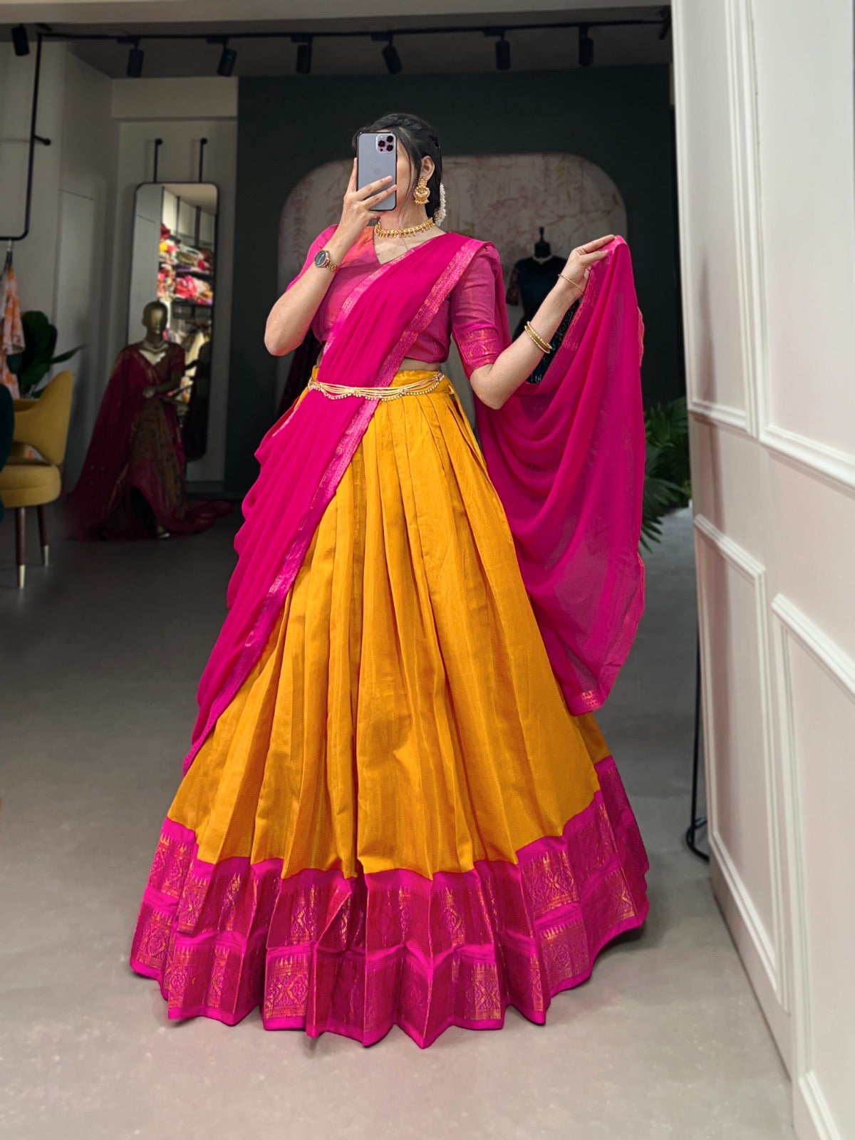 Mustard Kanchipuram Silk Lehenga with Stitched Blouse