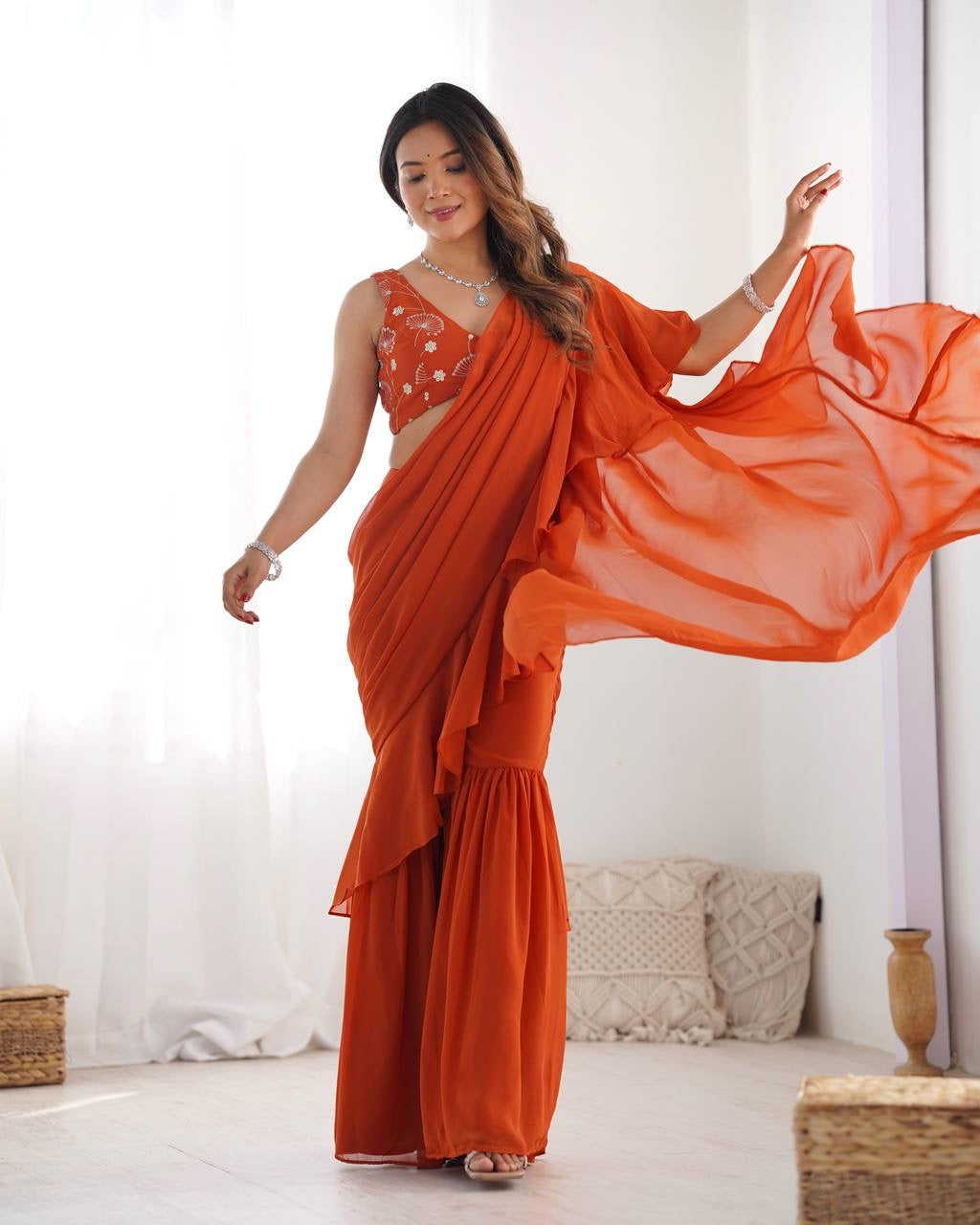 Ready-to-Wear Sharara Saree with Embroidered Blouse – Orange