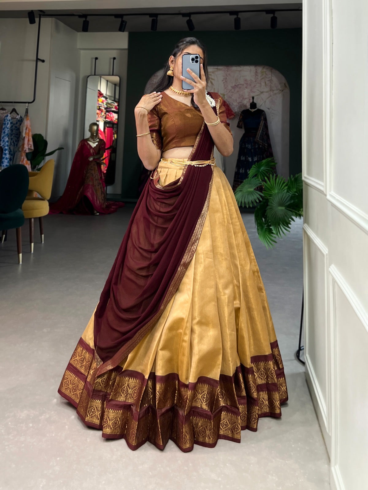 Cream Kanchipuram Silk Lehenga with Stitched Blouse