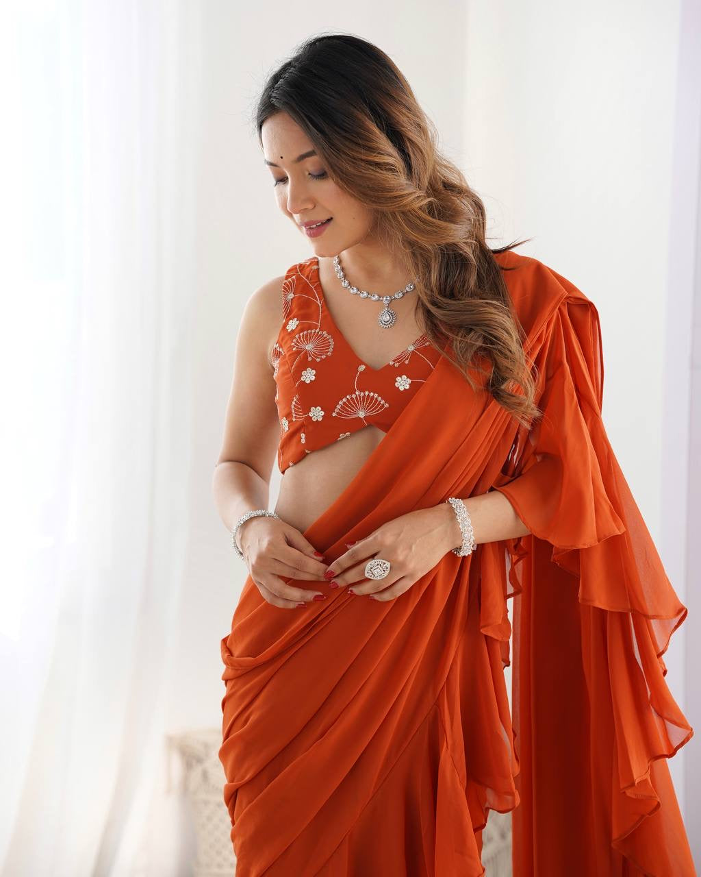 Ready-to-Wear Sharara Saree with Embroidered Blouse – Orange