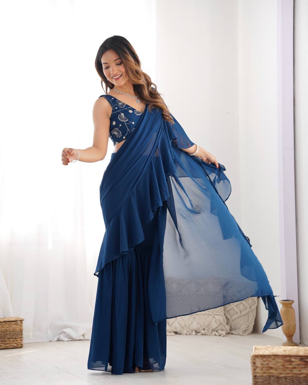 Ready-to-Wear Sharara Saree with Embroidered Blouse – Teal Blue