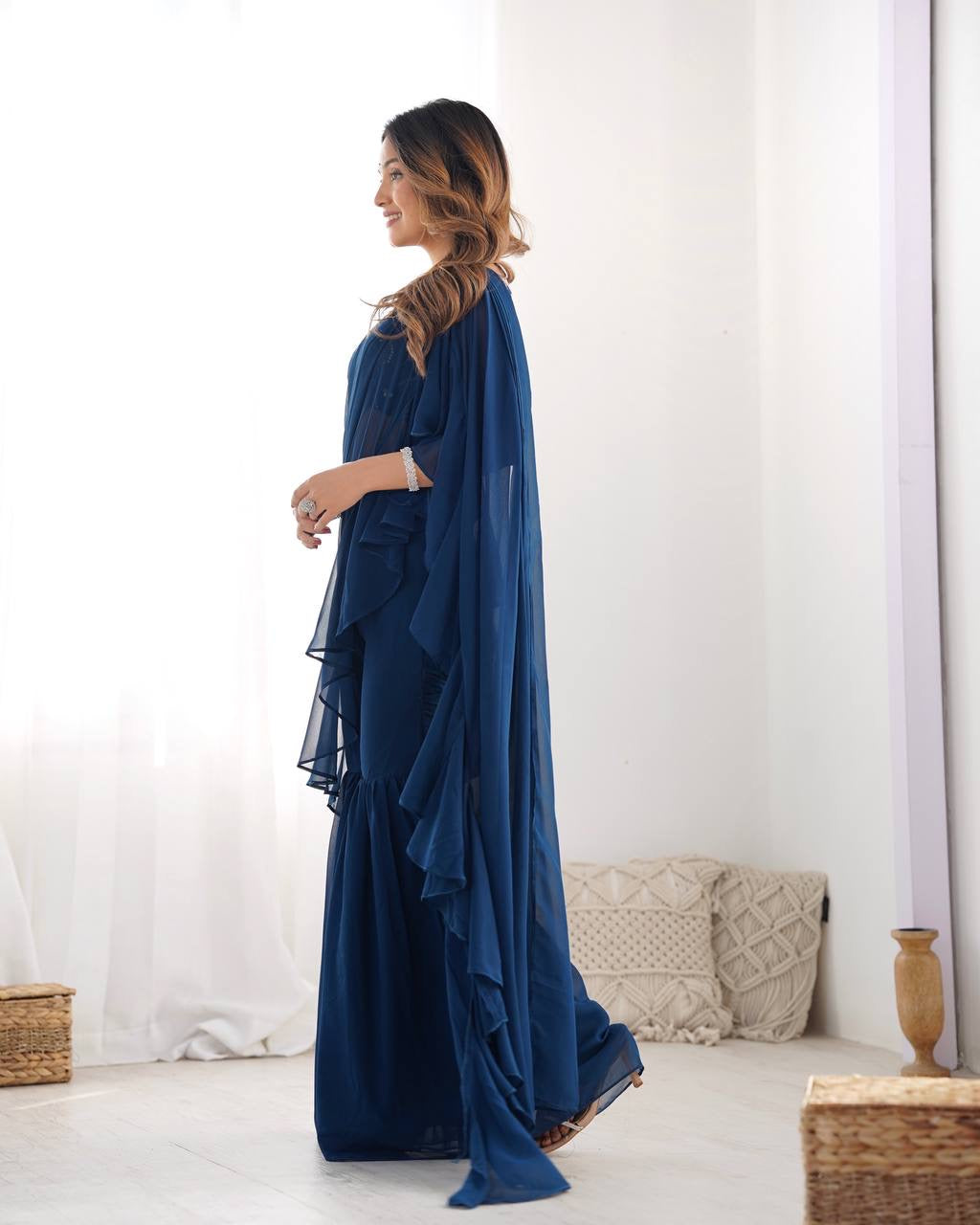 Ready-to-Wear Sharara Saree with Embroidered Blouse – Teal Blue