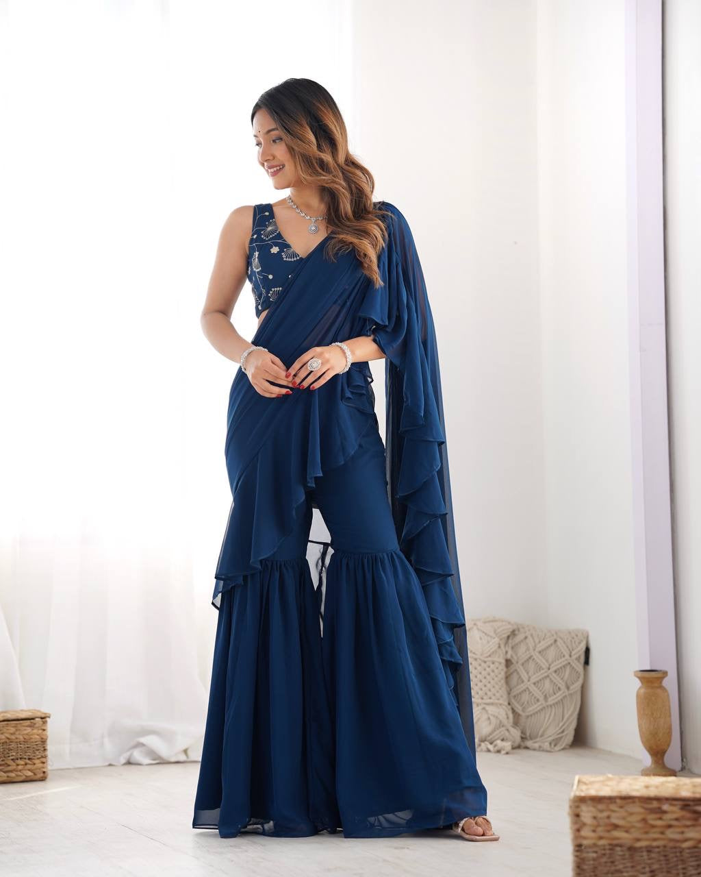 Ready-to-Wear Sharara Saree with Embroidered Blouse – Teal Blue