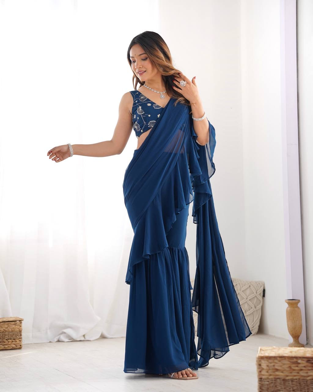 Ready-to-Wear Sharara Saree with Embroidered Blouse – Teal Blue