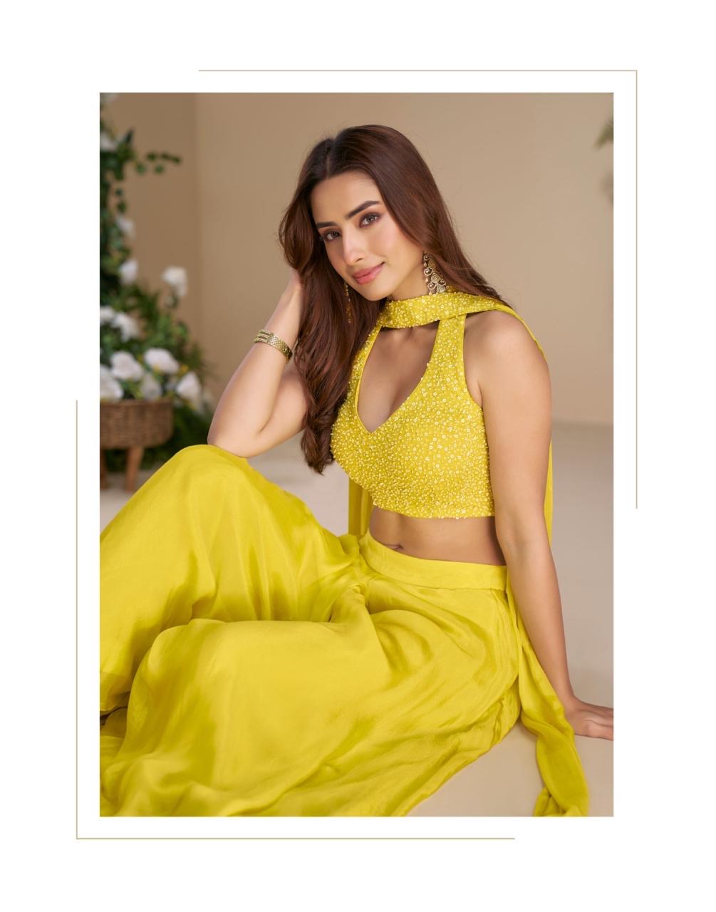 Premium Ethnic Wear – MOON by Sayuri | Hand Embroidered Blouse with Plazzo & Dupatta (Yellow)