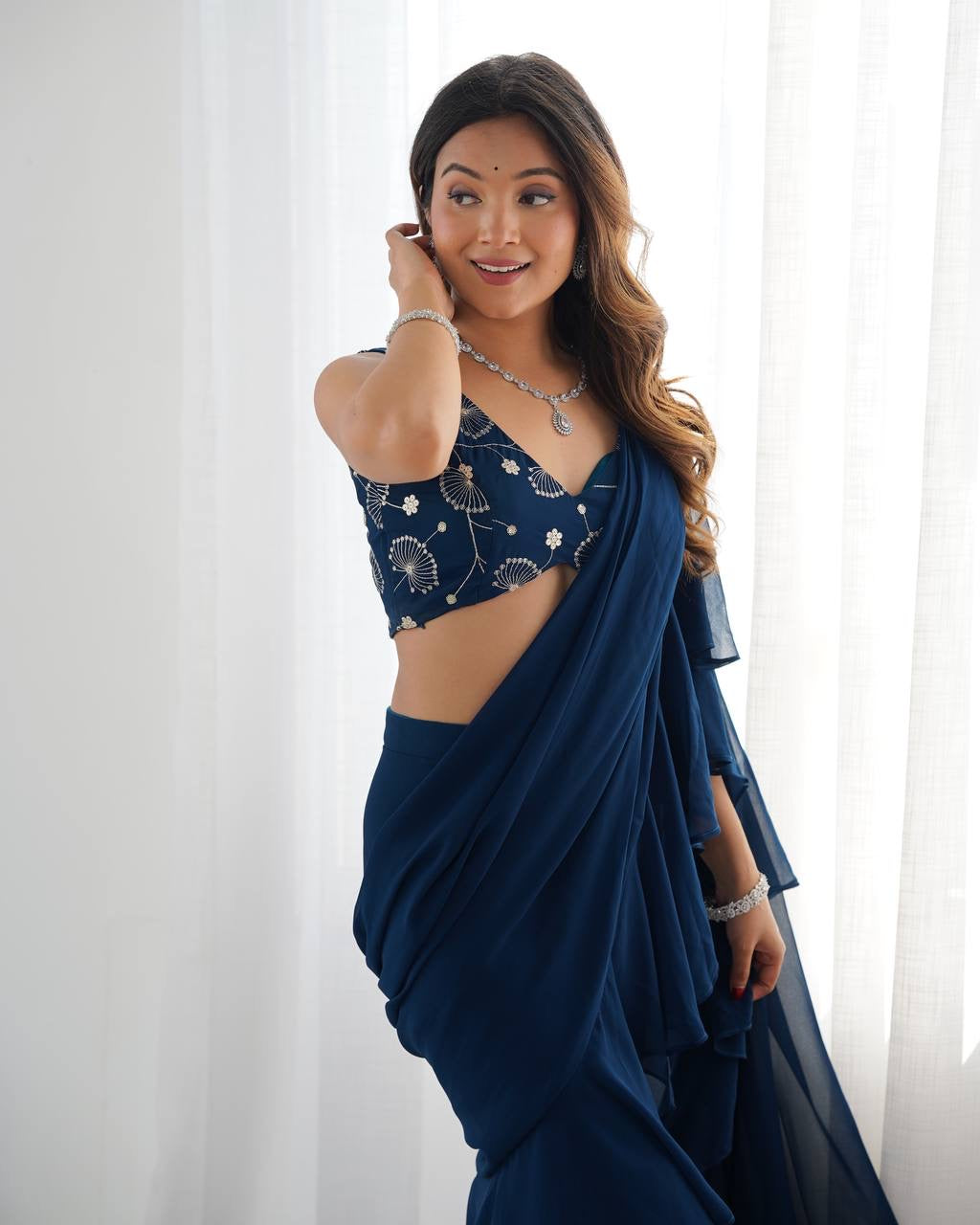 Ready-to-Wear Sharara Saree with Embroidered Blouse – Teal Blue