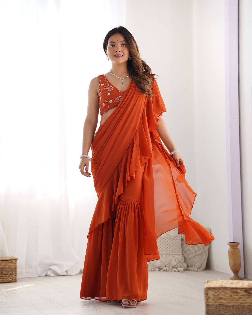 Ready-to-Wear Sharara Saree with Embroidered Blouse – Orange