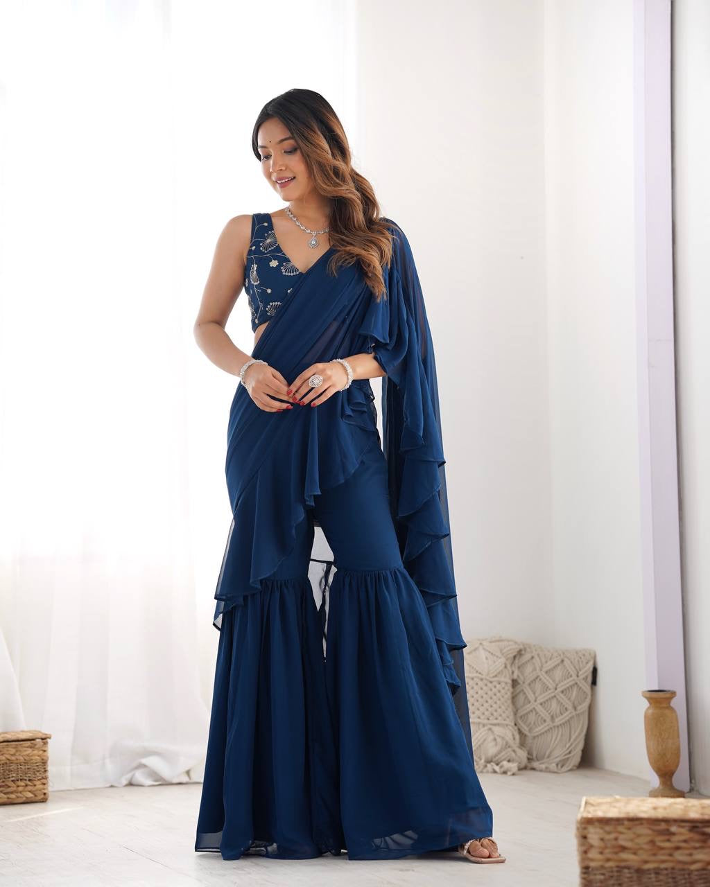 Ready-to-Wear Sharara Saree with Embroidered Blouse – Teal Blue