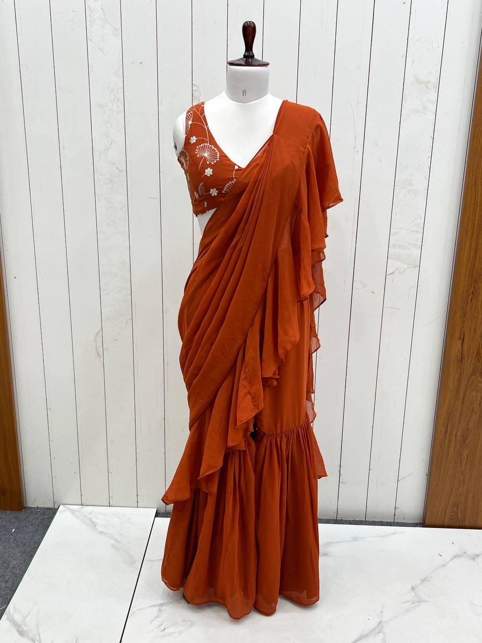 Ready-to-Wear Sharara Saree with Embroidered Blouse – Orange