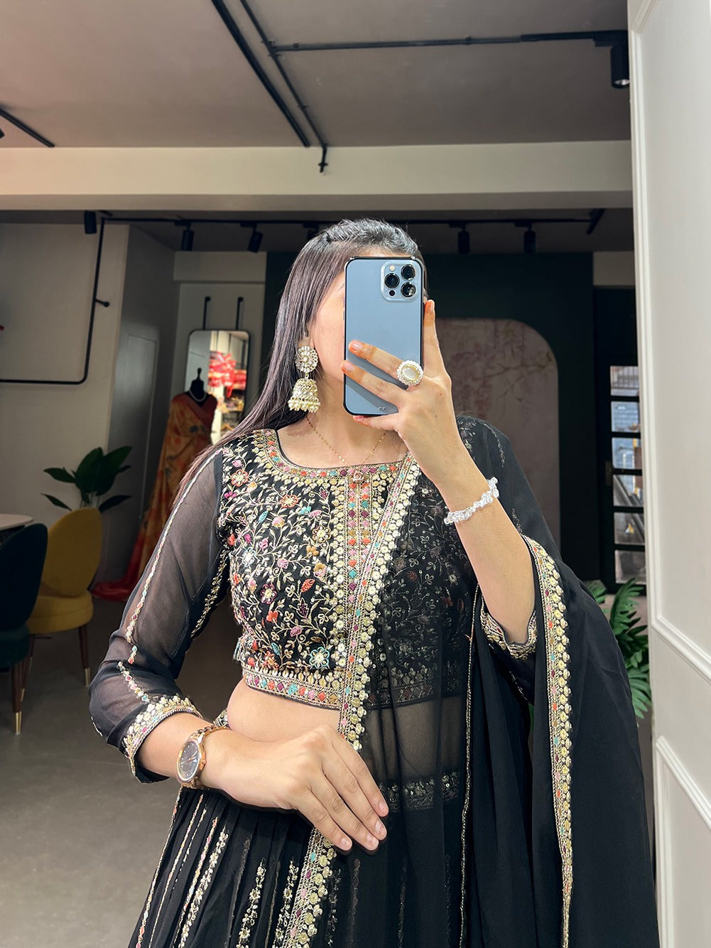 Black Georgette Lehenga With Sequins Embroidery Choli Full Stitched - Yashodhara Lifestyle