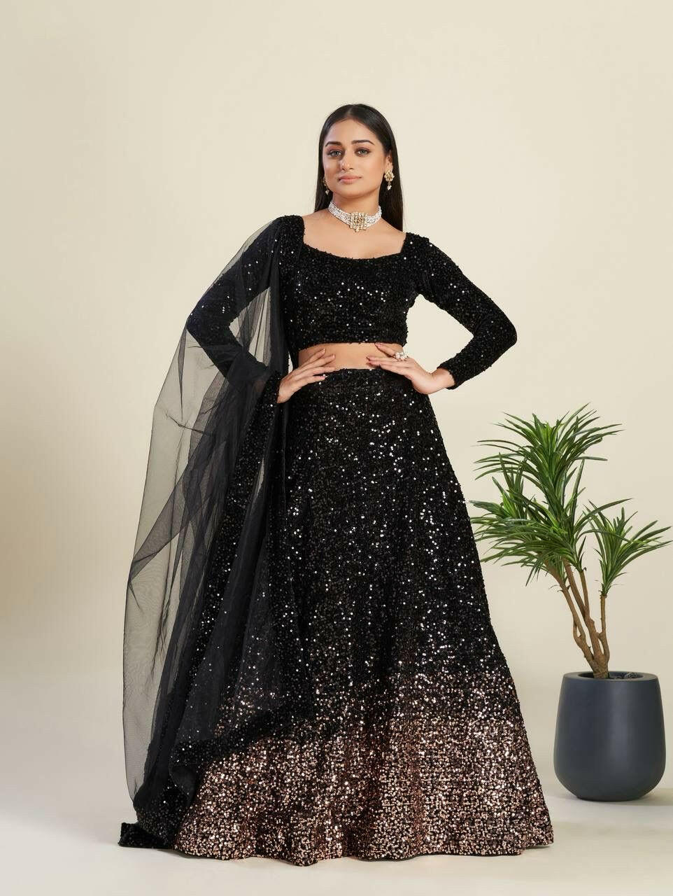 Black Velvet Glitter Lehenga with Stitched Blouse - Yashodhara Lifestyle