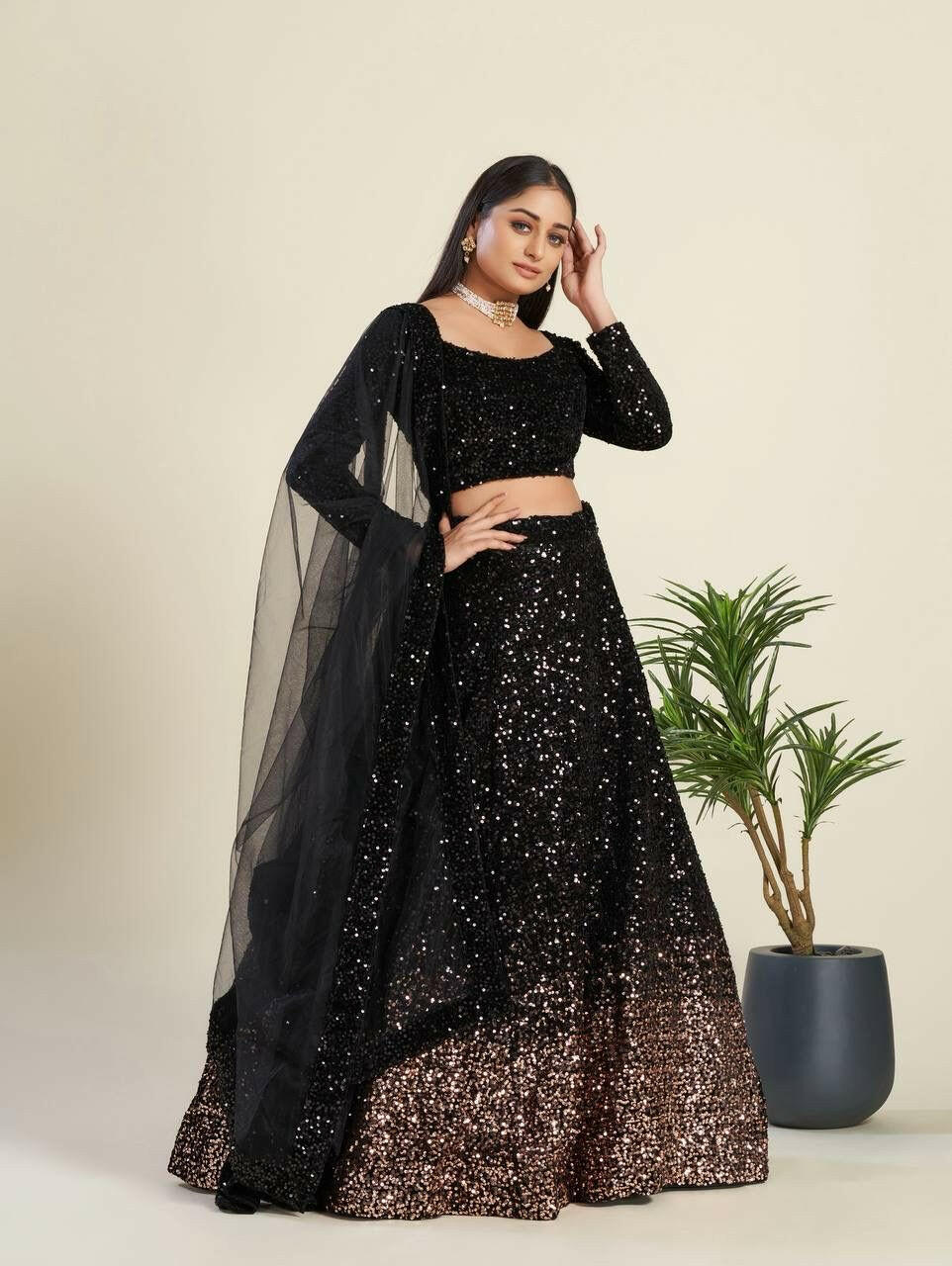 Black Velvet Glitter Lehenga with Stitched Blouse - Yashodhara Lifestyle