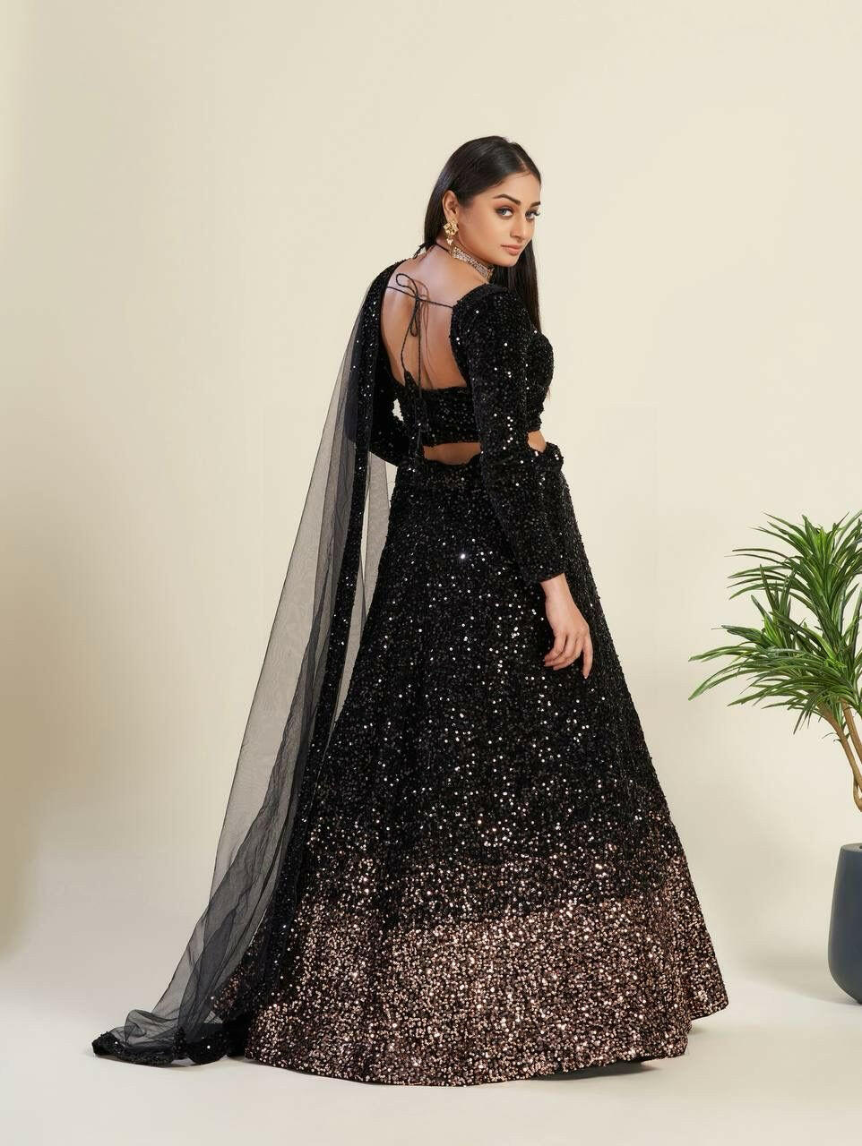 Black Velvet Glitter Lehenga with Stitched Blouse - Yashodhara Lifestyle