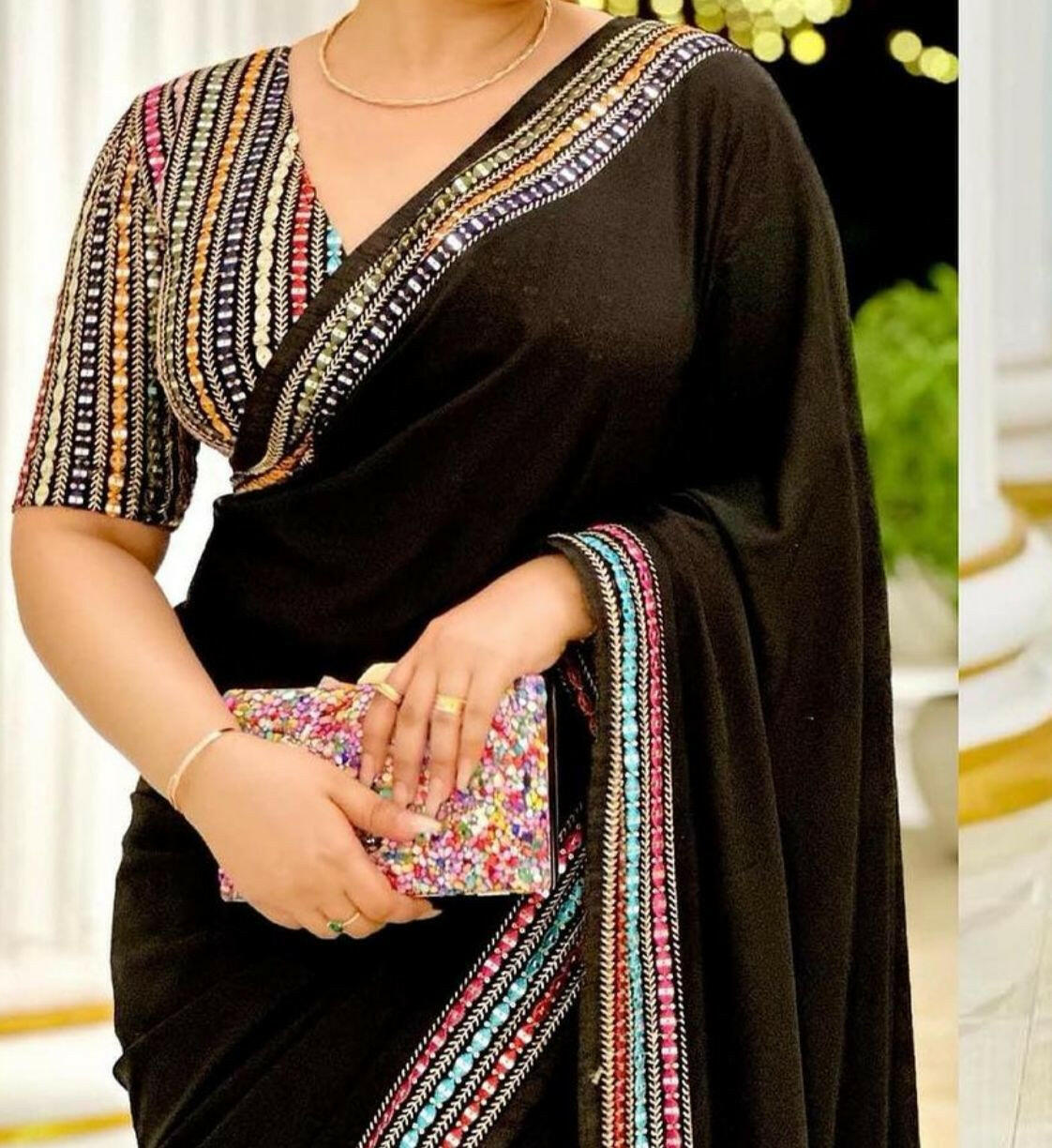 Black georgette with sequins lace border saree - Yashodhara Lifestyle
