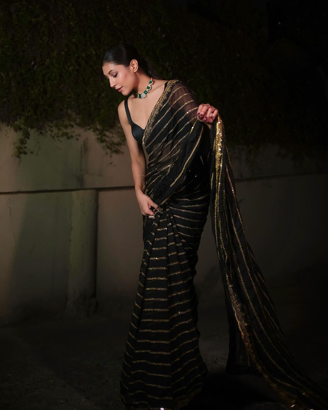 Black with golden sequence sparkling saree with stitched blouse - Yashodhara Lifestyle