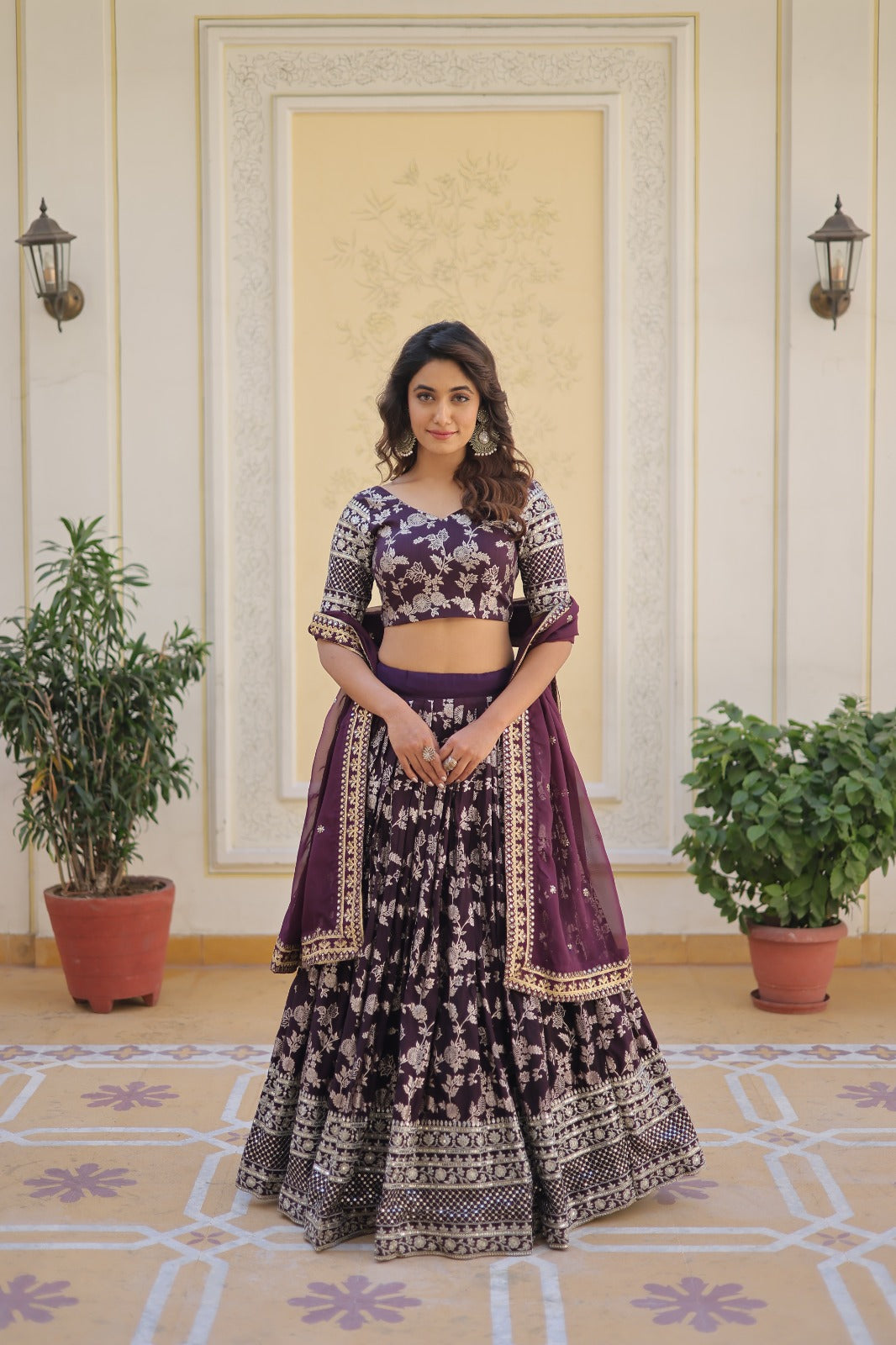 Designer Viscose Jacquard Fabric Lehenga choli & Dupatta Set Full Stitched (Wine)