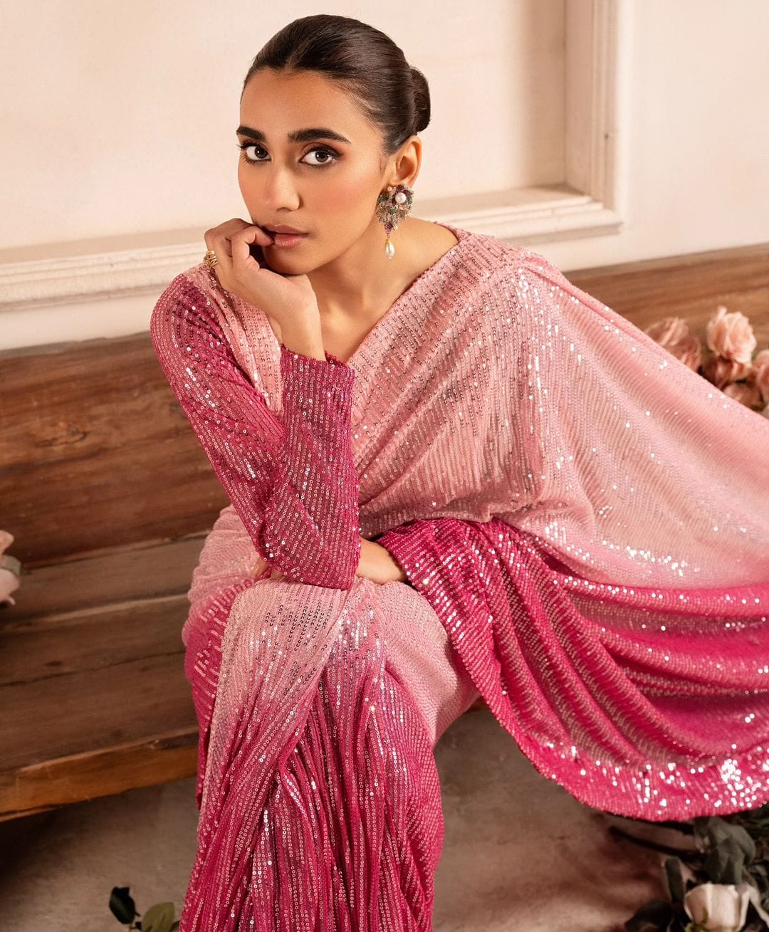 Designer Pink Peach Padding Georgette Sequins Saree With Stitched Blouse - Yashodhara Lifestyle