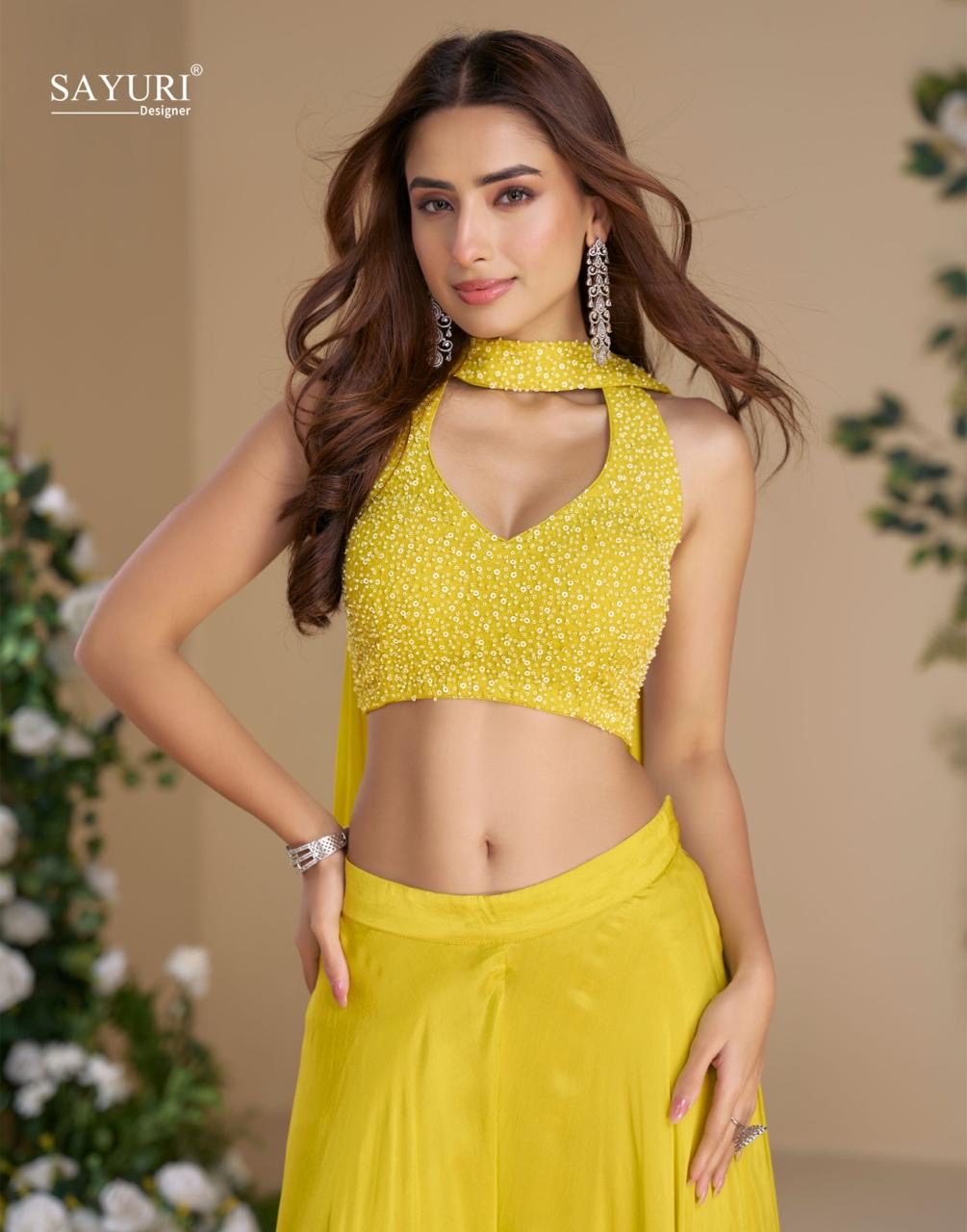 Premium Ethnic Wear – MOON by Sayuri | Hand Embroidered Blouse with Plazzo & Dupatta (Yellow)