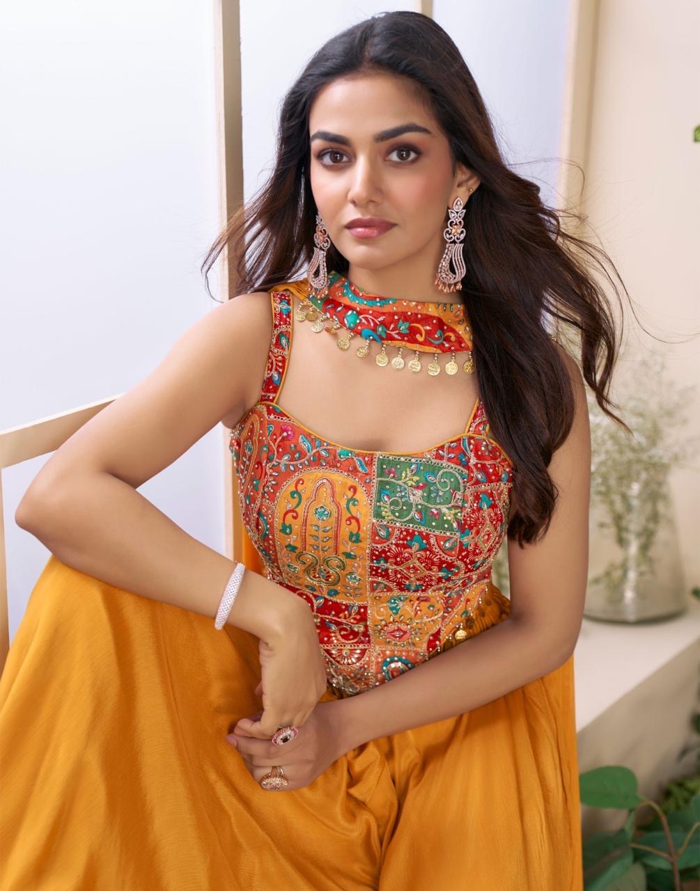 Premium Ethnic Wear – MOON by Sayuri | Hand Embroidered Blouse with Plazzo & Dupatta (orange)