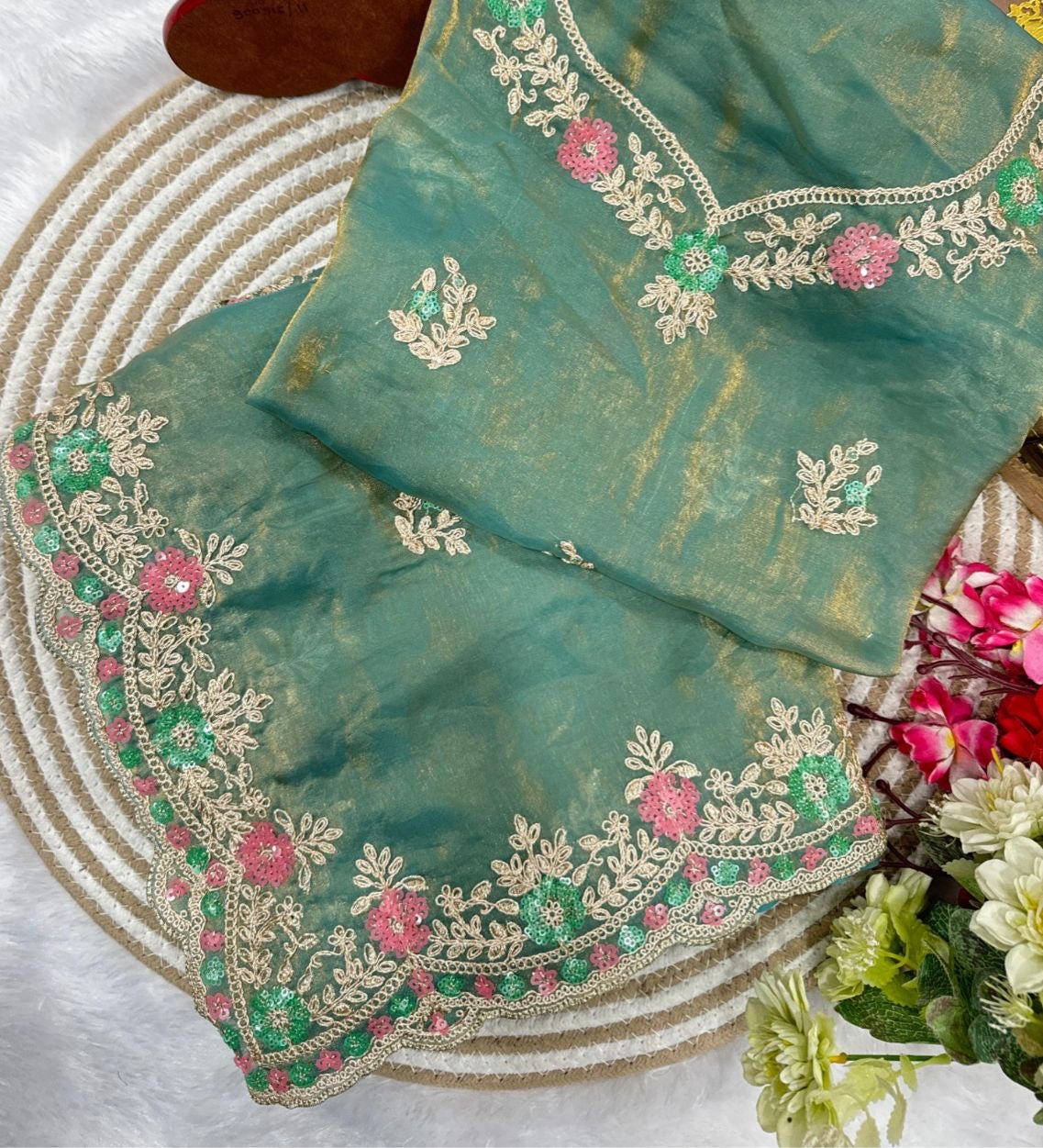 Party Wear Saree in Satin Silk with Embroidery & Sequin Work with Stitched Blouse