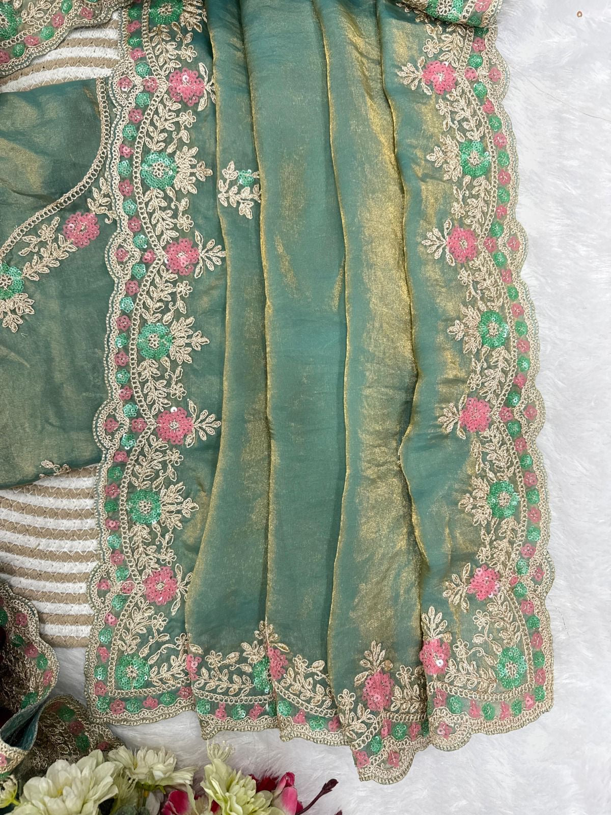 Party Wear Saree in Satin Silk with Embroidery & Sequin Work with Stitched Blouse