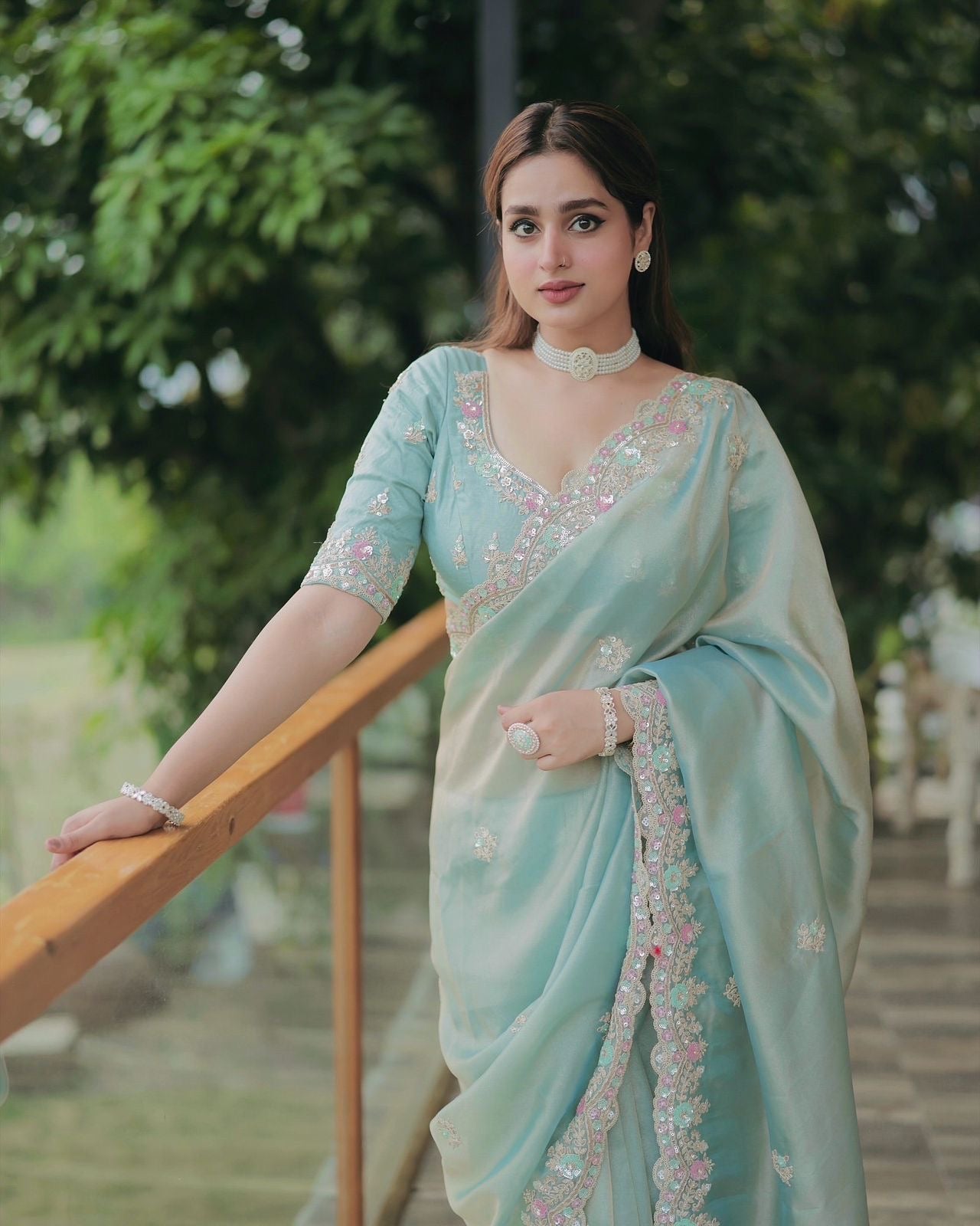 Party Wear Saree in Satin Silk with Embroidery & Sequin Work with Stitched Blouse