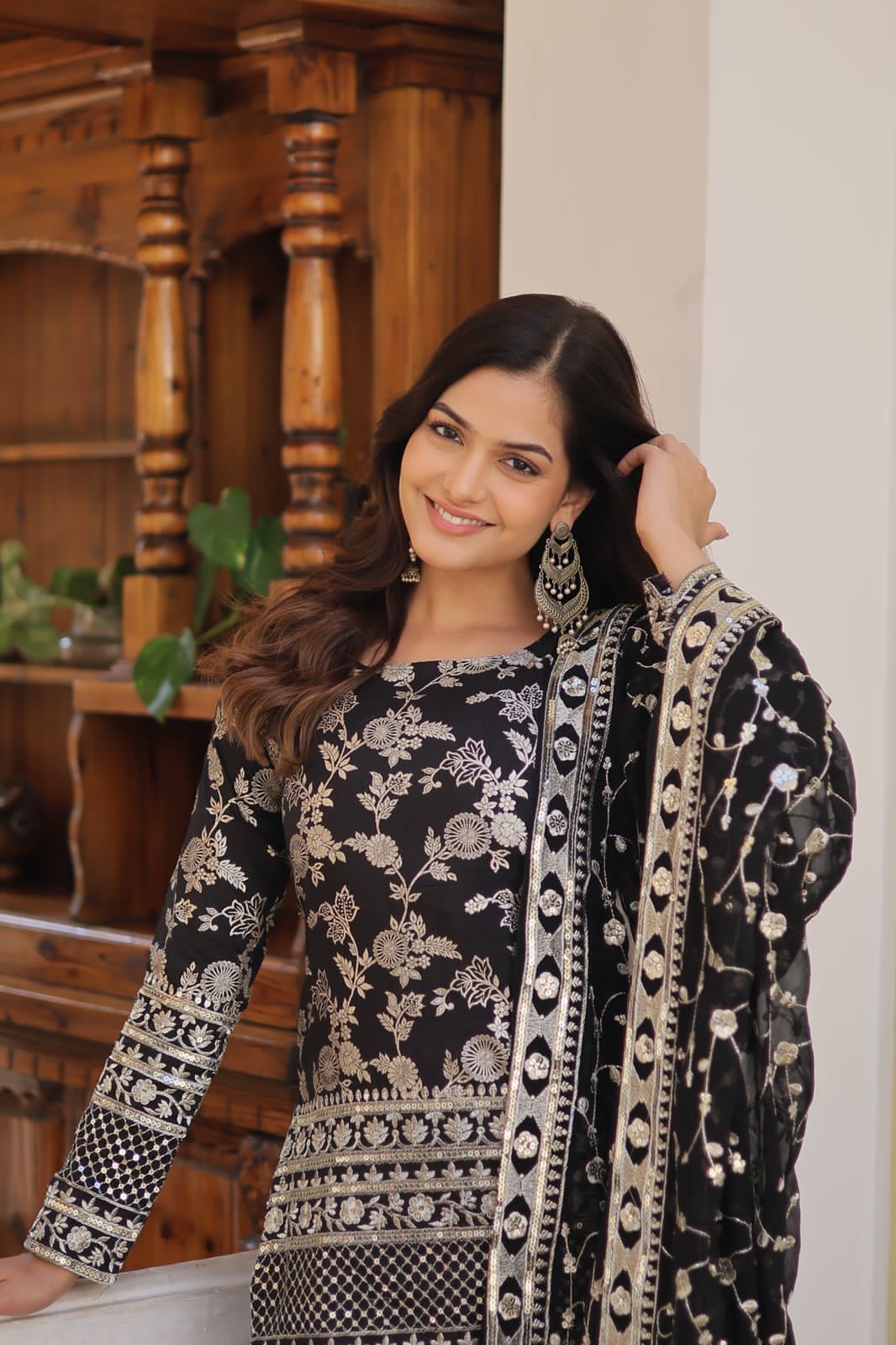 Black and Grey color Salwar Kameez in
Viscose fabric with Embroidered, Sequence, Zari work