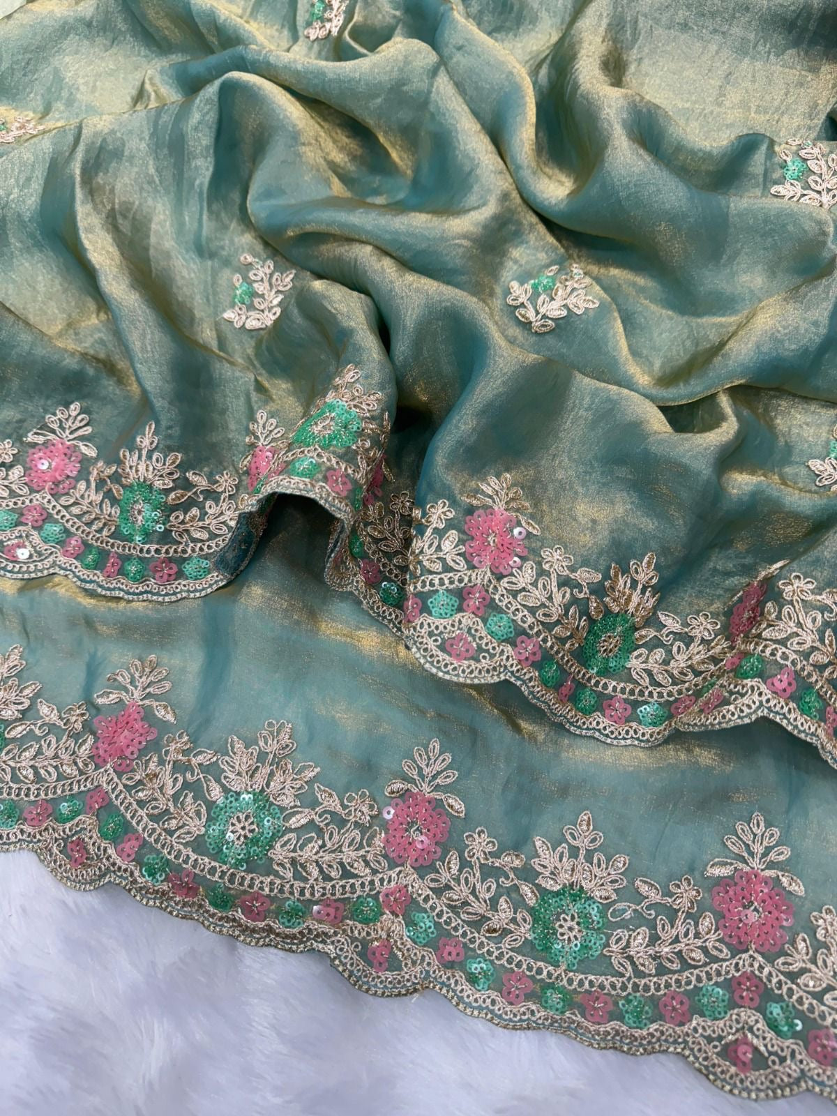 Party Wear Saree in Satin Silk with Embroidery & Sequin Work with Stitched Blouse