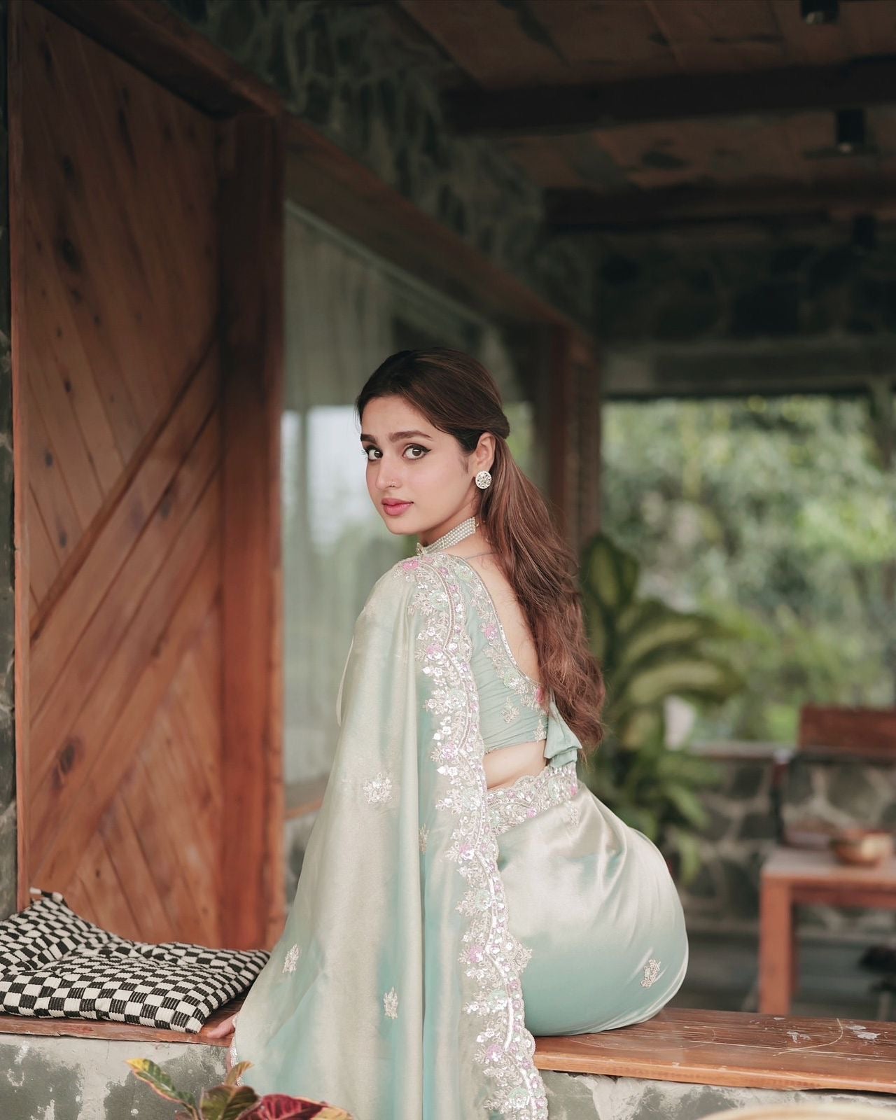 Party Wear Saree in Satin Silk with Embroidery & Sequin Work with Stitched Blouse