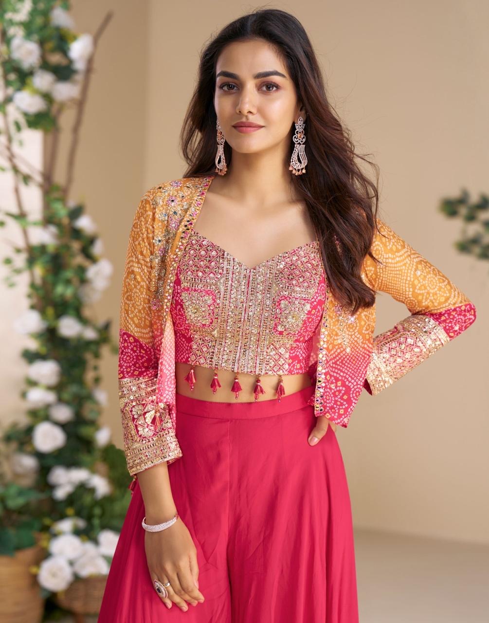 Premium Ethnic Wear – MOON by Sayuri | Hand Embroidered Blouse with Plazzo & Dupatta