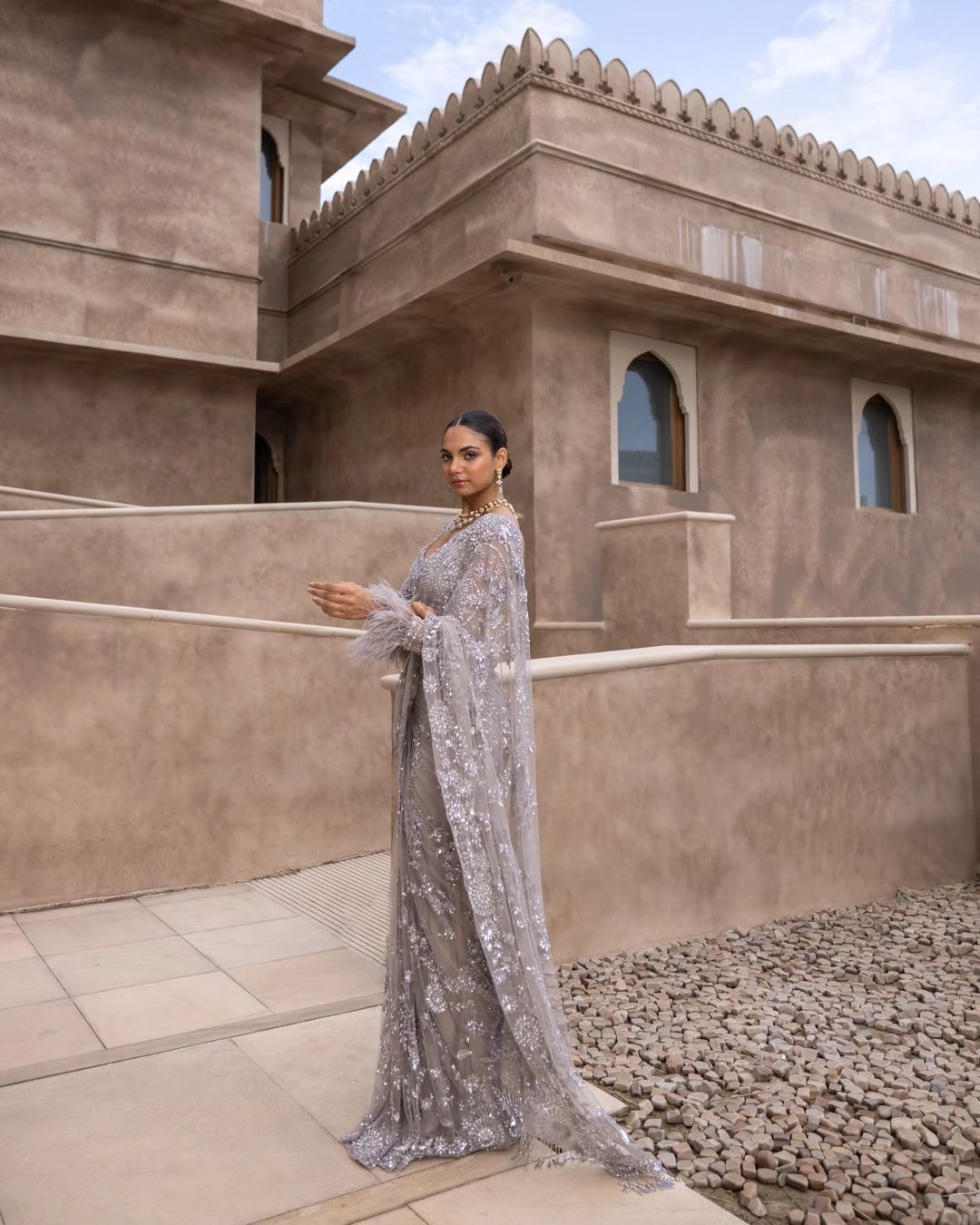 Grey Sequin Work Mono Net Saree With Stitched Blouse - Yashodhara Lifestyle