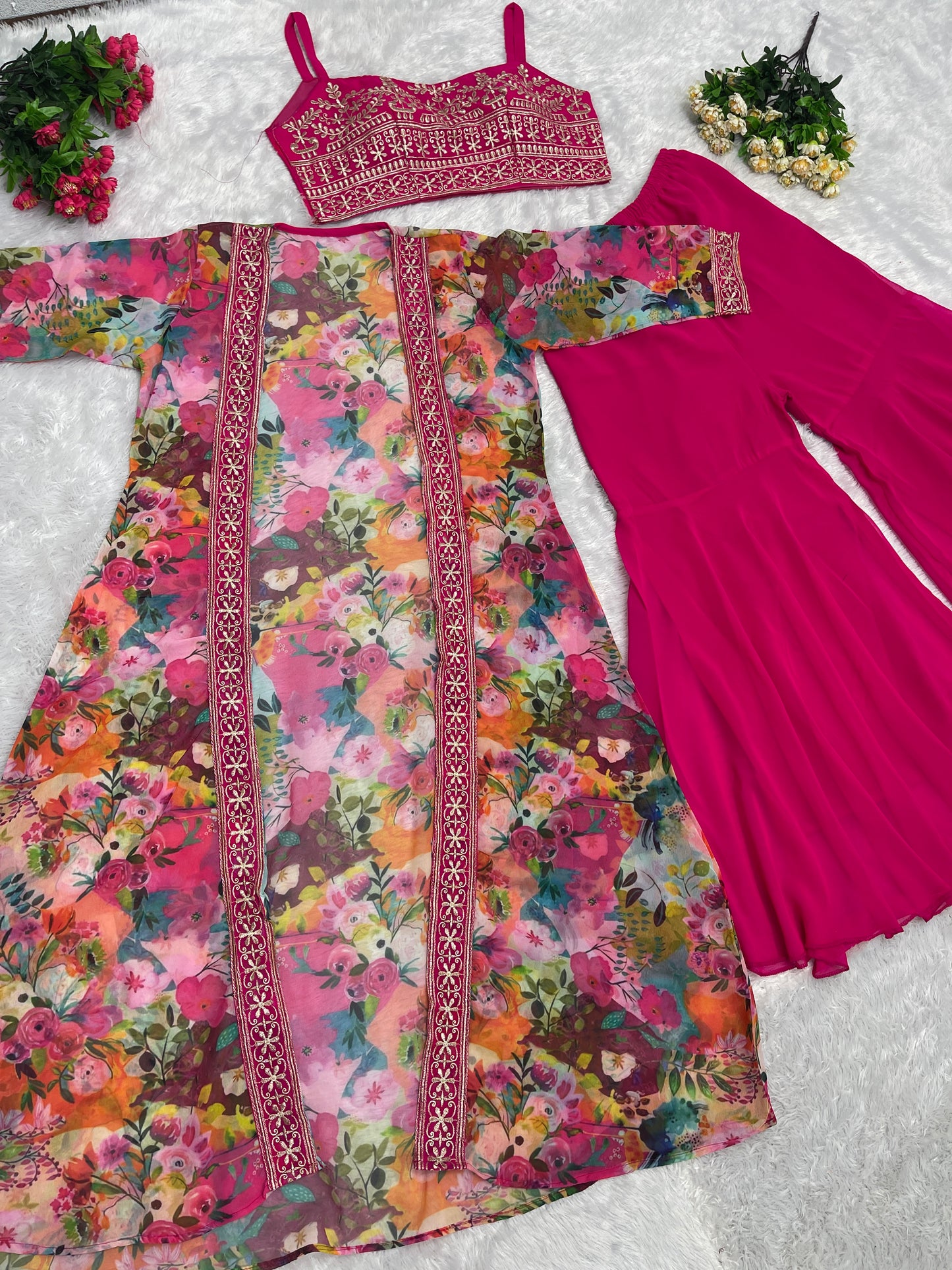 Party Wear Digital Print Shrug With Embroidery Work Blouse - Yashodhara Lifestyle