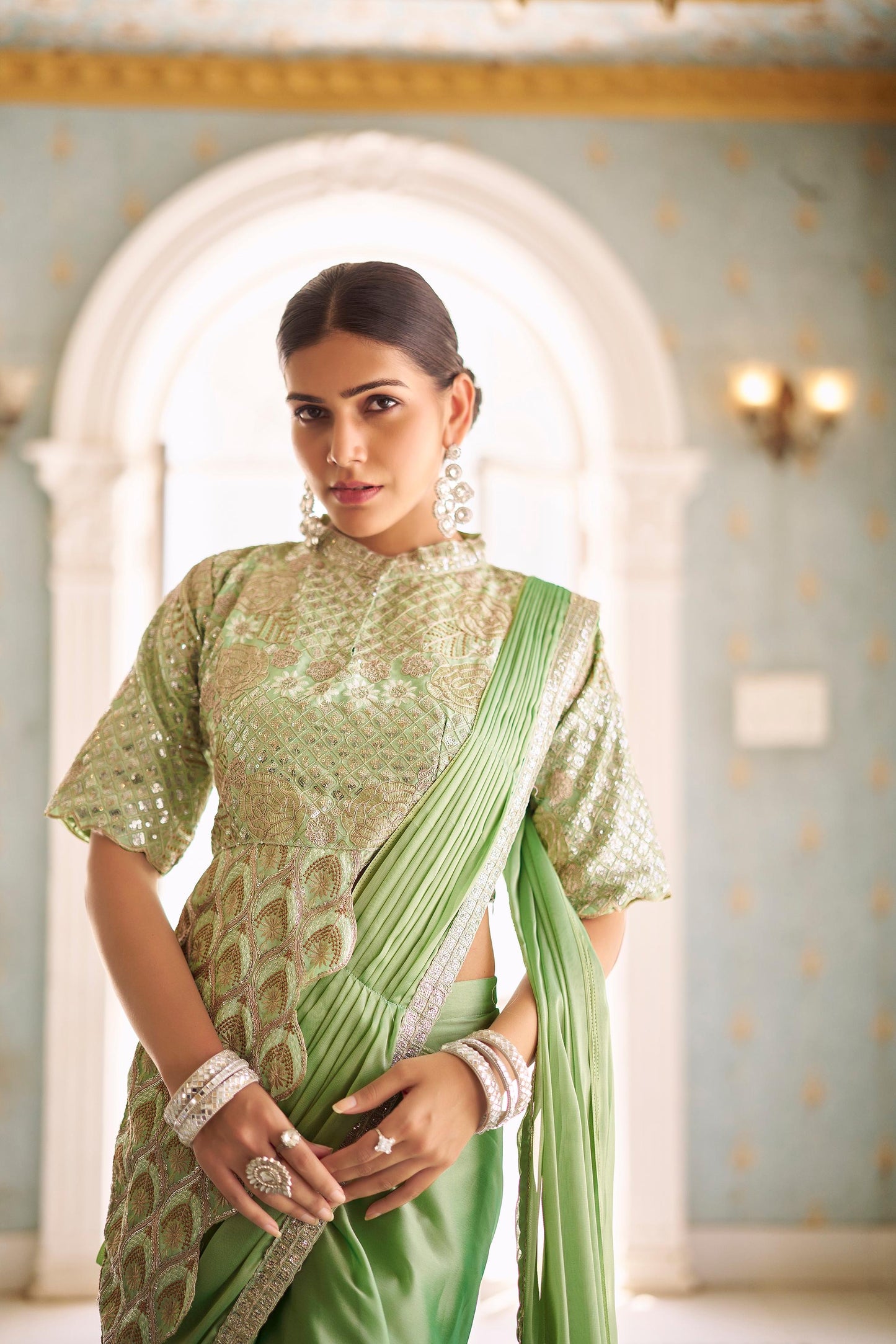 Premium Ready-to-Wear Chinon Drape Saree with Embroidered Stitched Blouse - Green - Yashodhara Lifestyle
