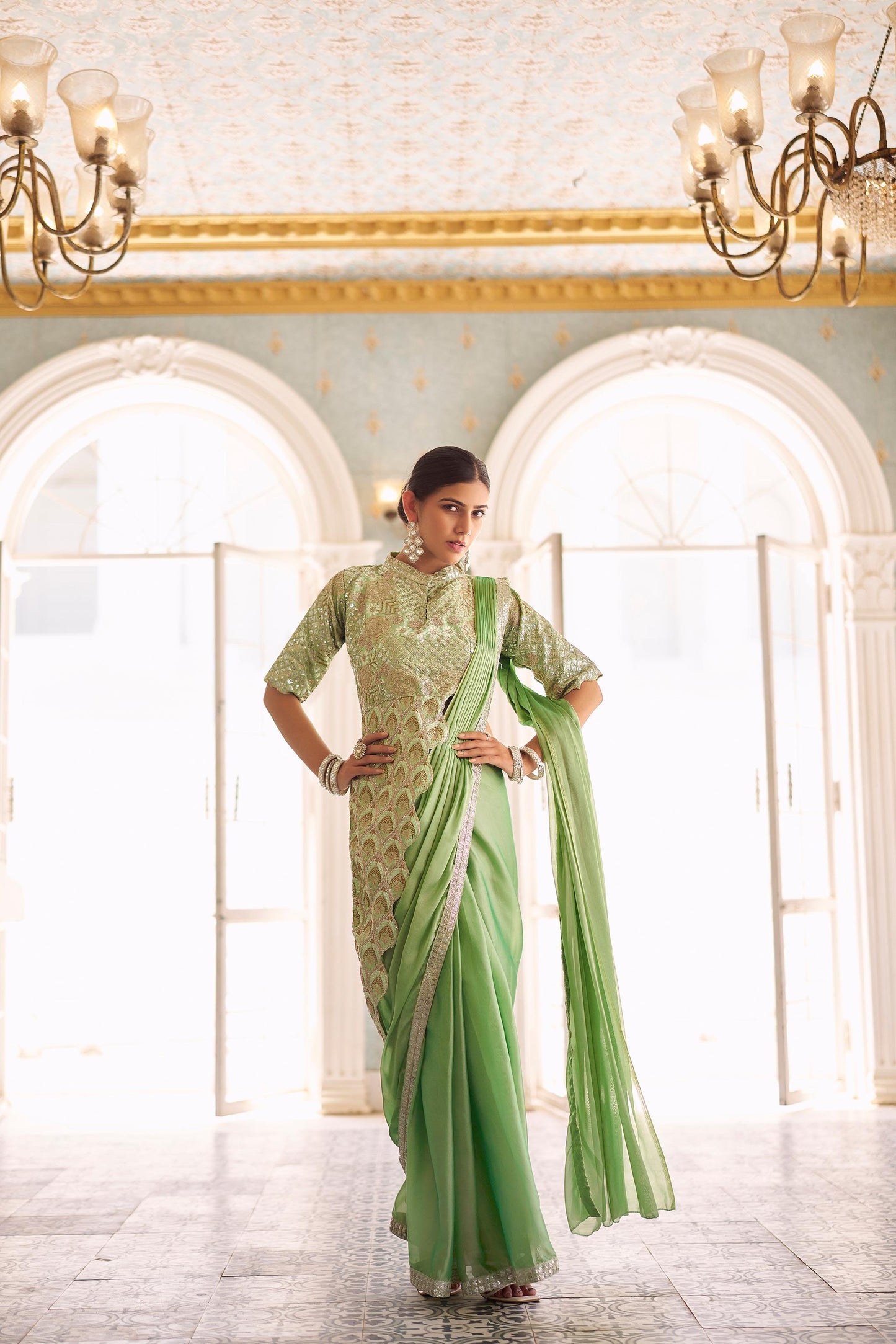 Premium Ready-to-Wear Chinon Drape Saree with Embroidered Stitched Blouse - Green - Yashodhara Lifestyle