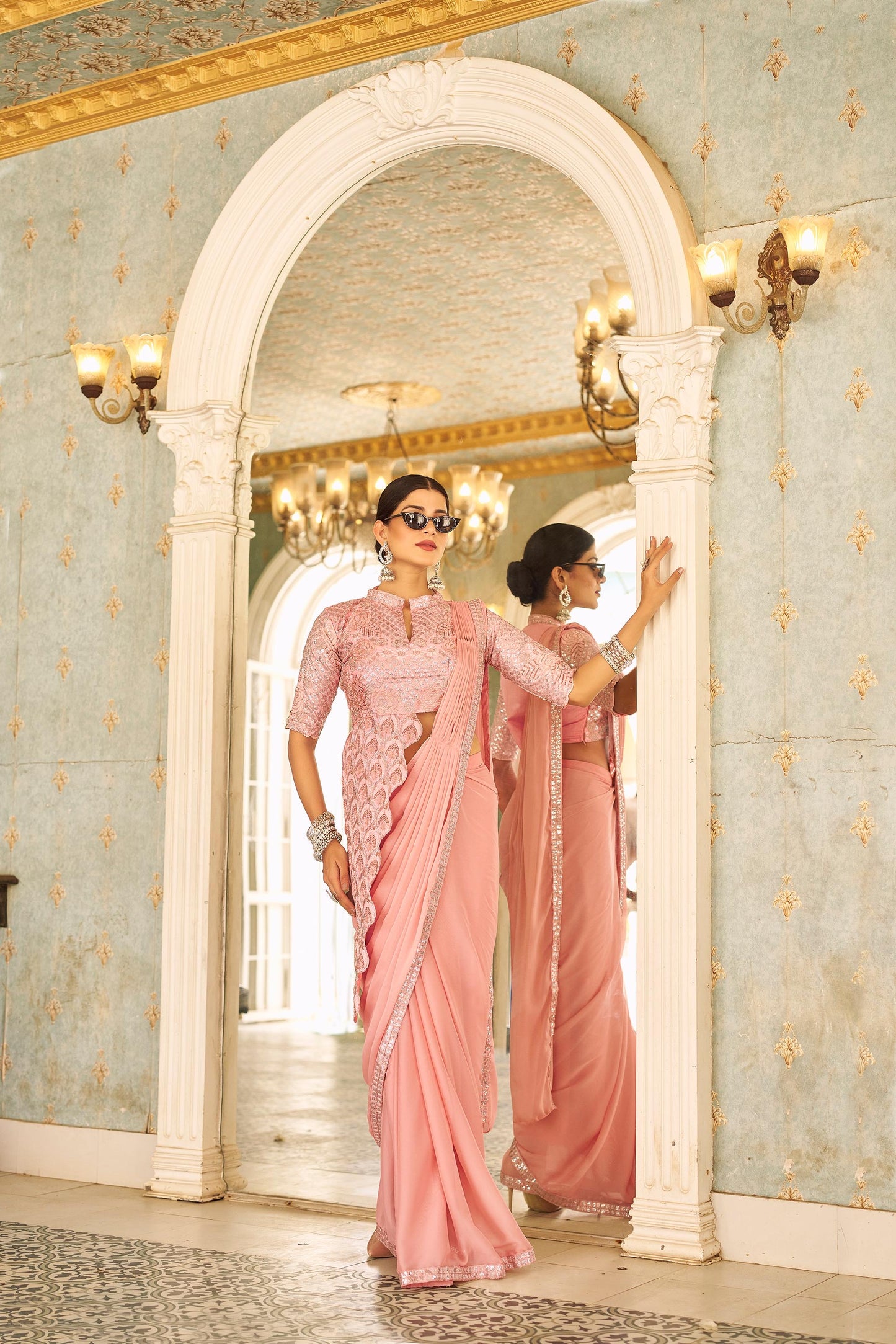 Premium Ready-to-Wear Chinon Drape Saree with Embroidered Stitched Blouse - peach - Yashodhara Lifestyle