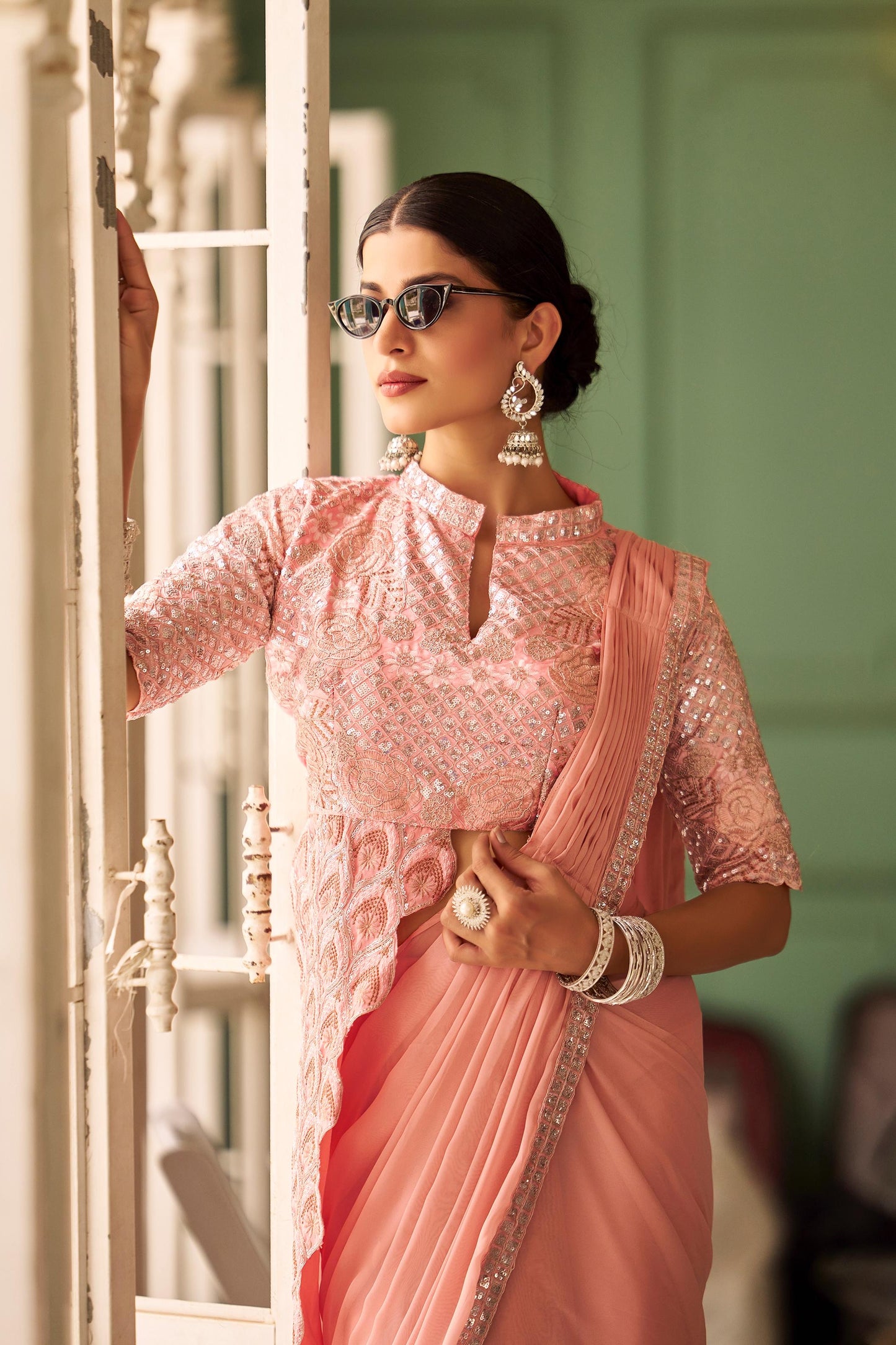 Premium Ready-to-Wear Chinon Drape Saree with Embroidered Stitched Blouse - peach - Yashodhara Lifestyle