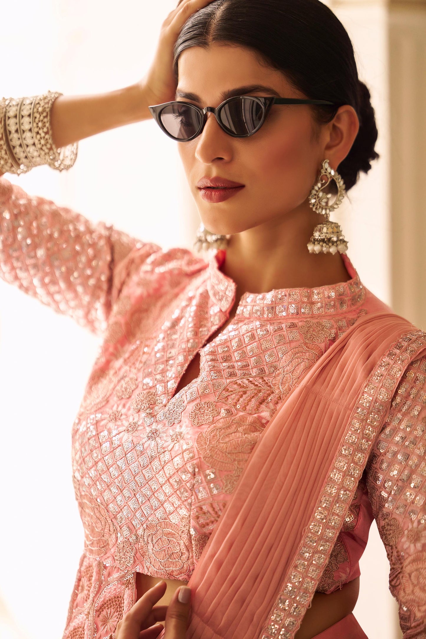 Premium Ready-to-Wear Chinon Drape Saree with Embroidered Stitched Blouse - peach - Yashodhara Lifestyle