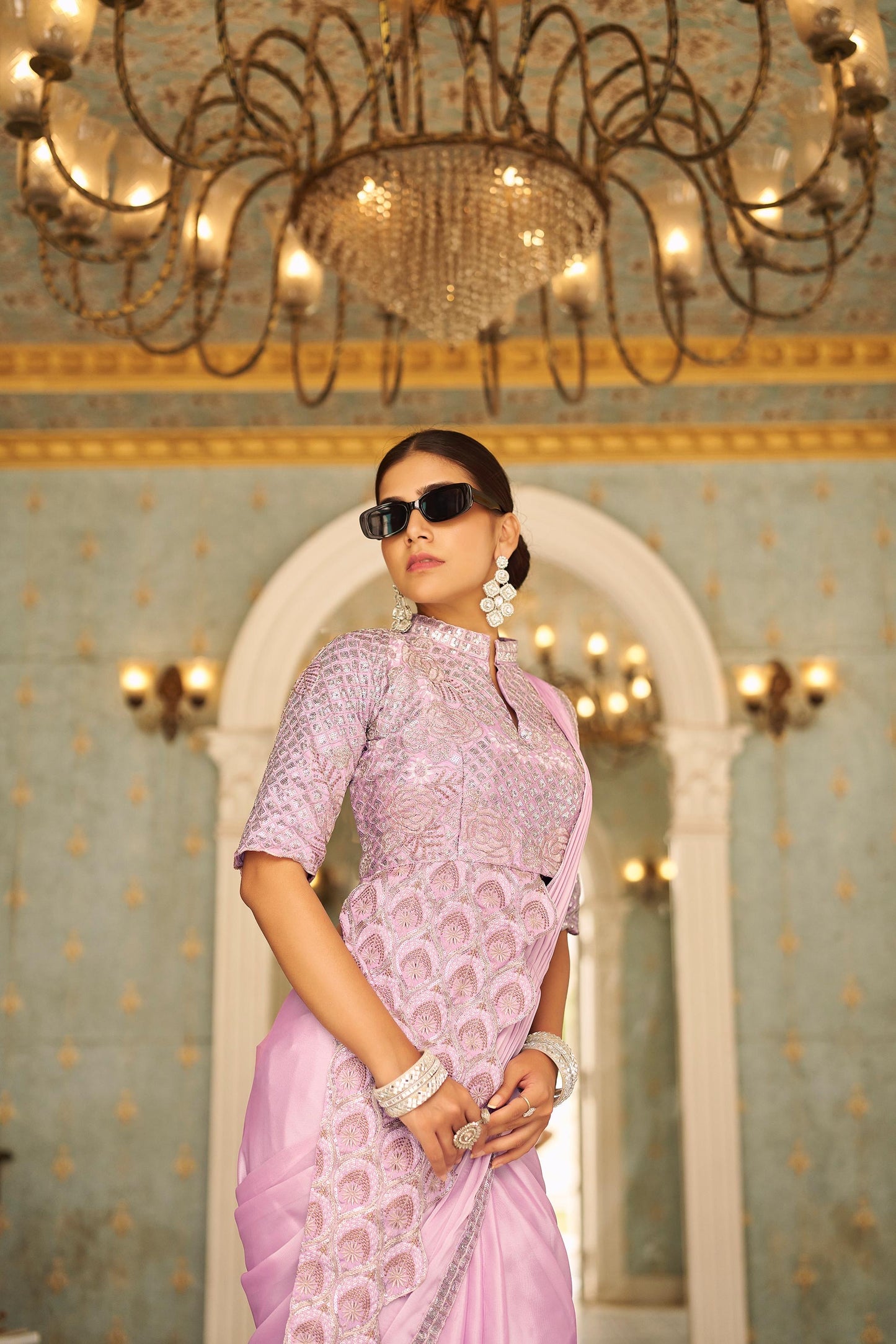 Premium Ready-to-Wear Chinon Drape Saree with Embroidered Stitched Blouse - pink - Yashodhara Lifestyle