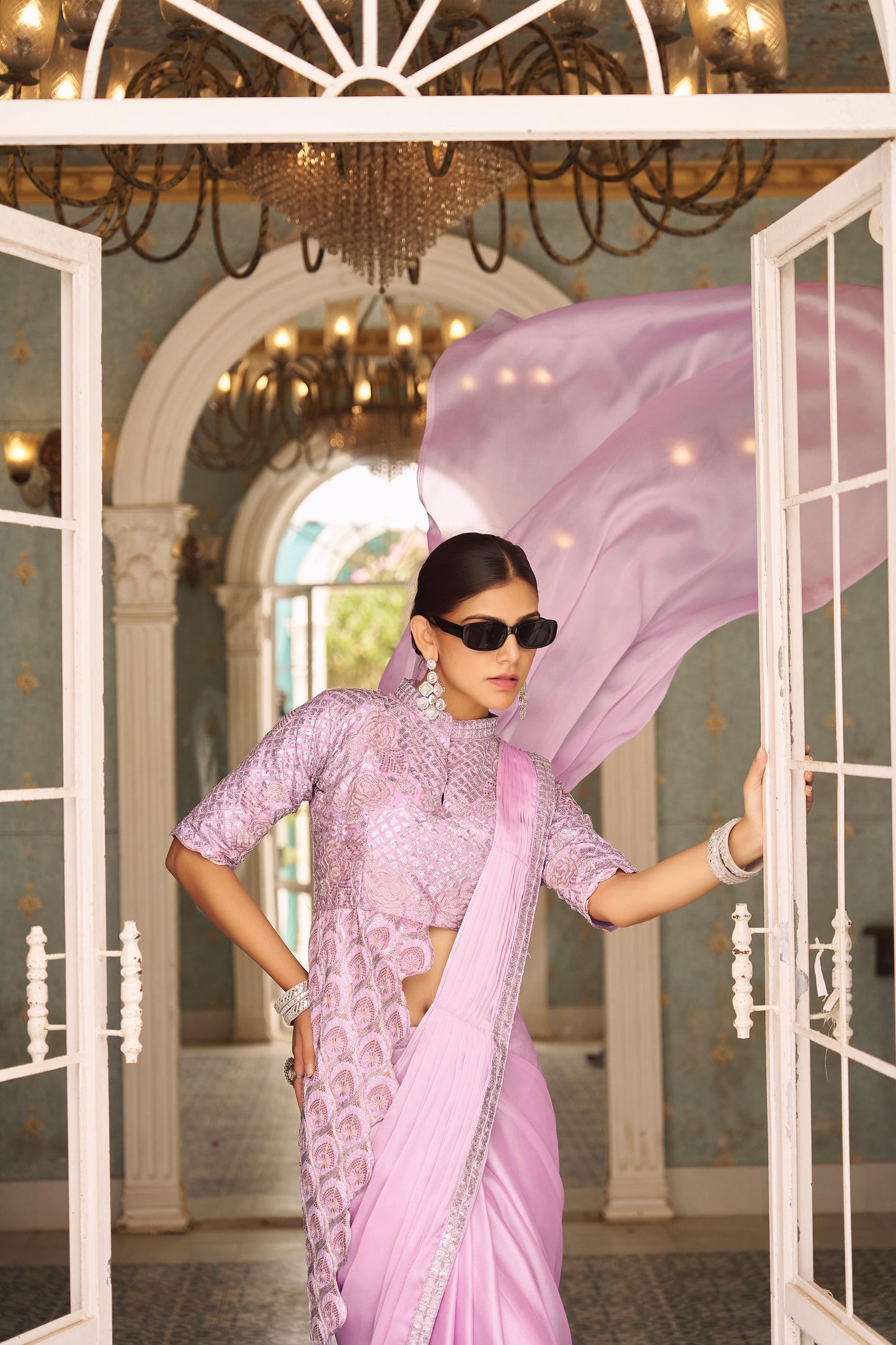 Premium Ready-to-Wear Chinon Drape Saree with Embroidered Stitched Blouse - pink - Yashodhara Lifestyle