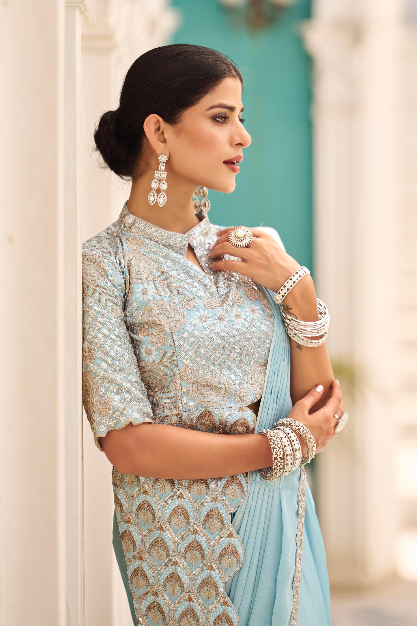 Premium Ready-to-Wear Chinon Drape Saree with Embroidered Stitched Blouse - skyblue - Yashodhara Lifestyle