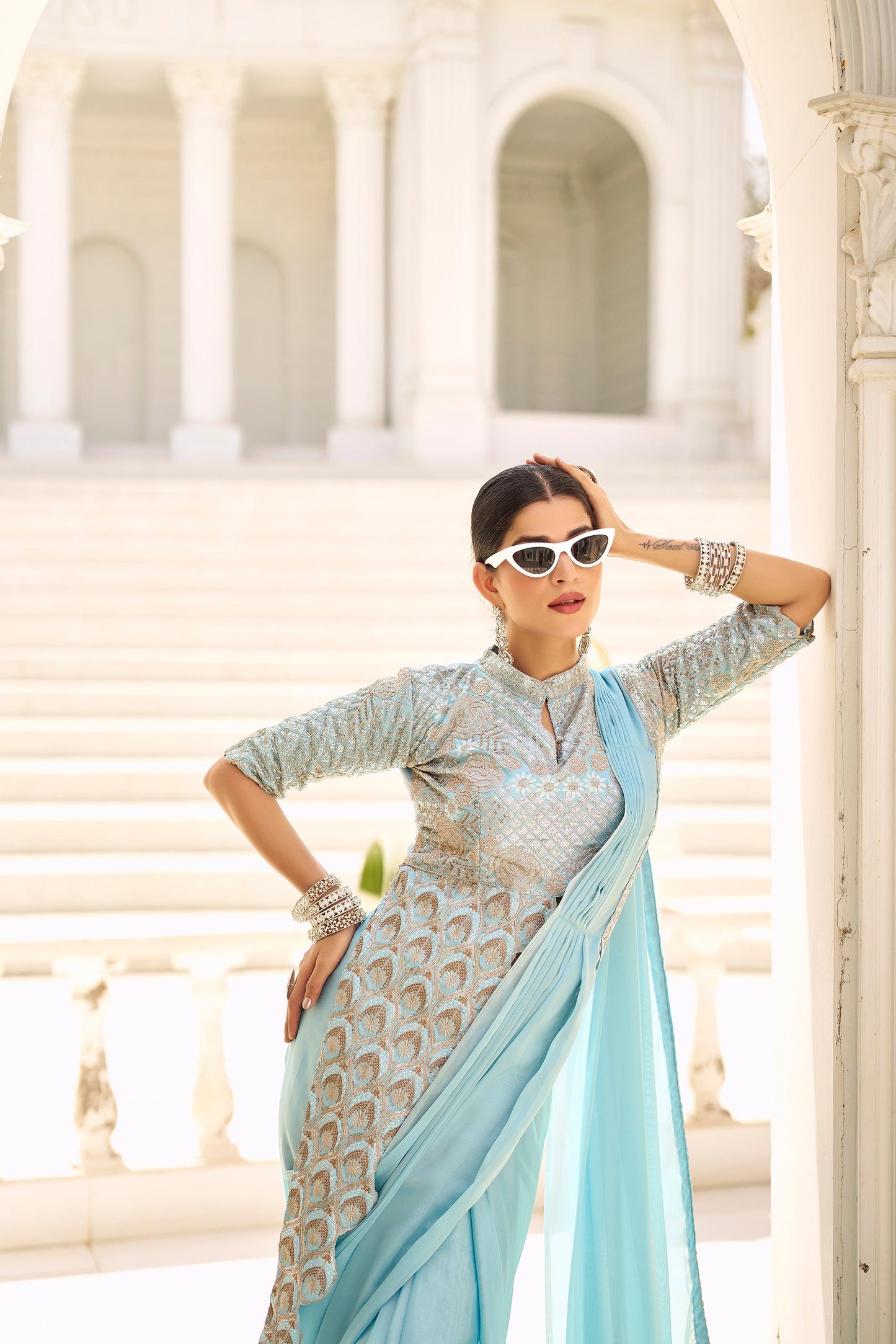 Premium Ready-to-Wear Chinon Drape Saree with Embroidered Stitched Blouse - skyblue - Yashodhara Lifestyle