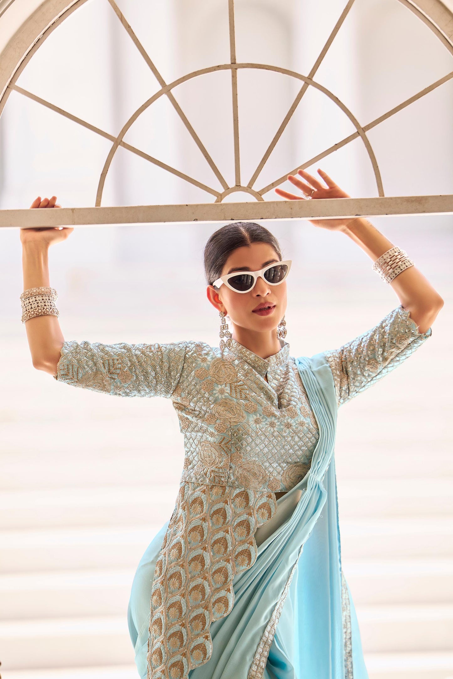 Premium Ready-to-Wear Chinon Drape Saree with Embroidered Stitched Blouse - skyblue - Yashodhara Lifestyle
