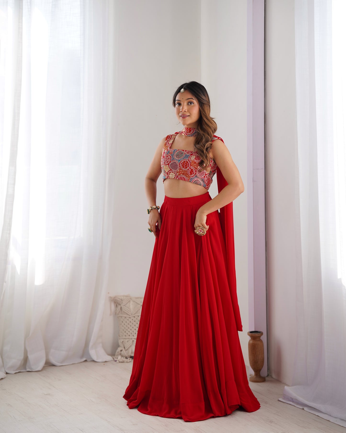 Pure Soft Fox Georgette Lehenga Choli Set Red - Yashodhara Lifestyle