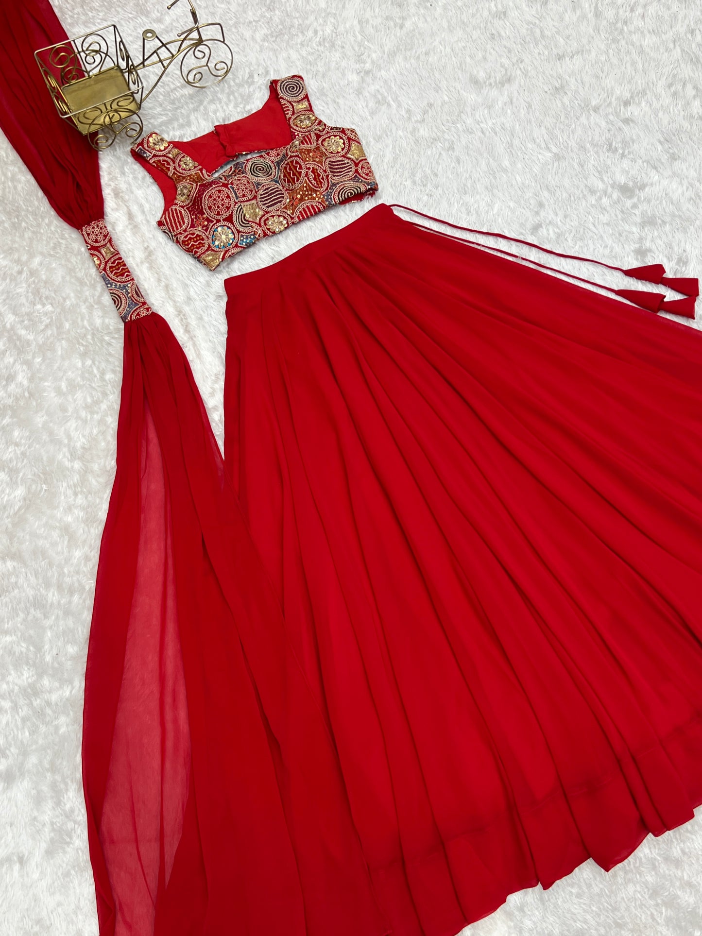 Pure Soft Fox Georgette Lehenga Choli Set Red - Yashodhara Lifestyle