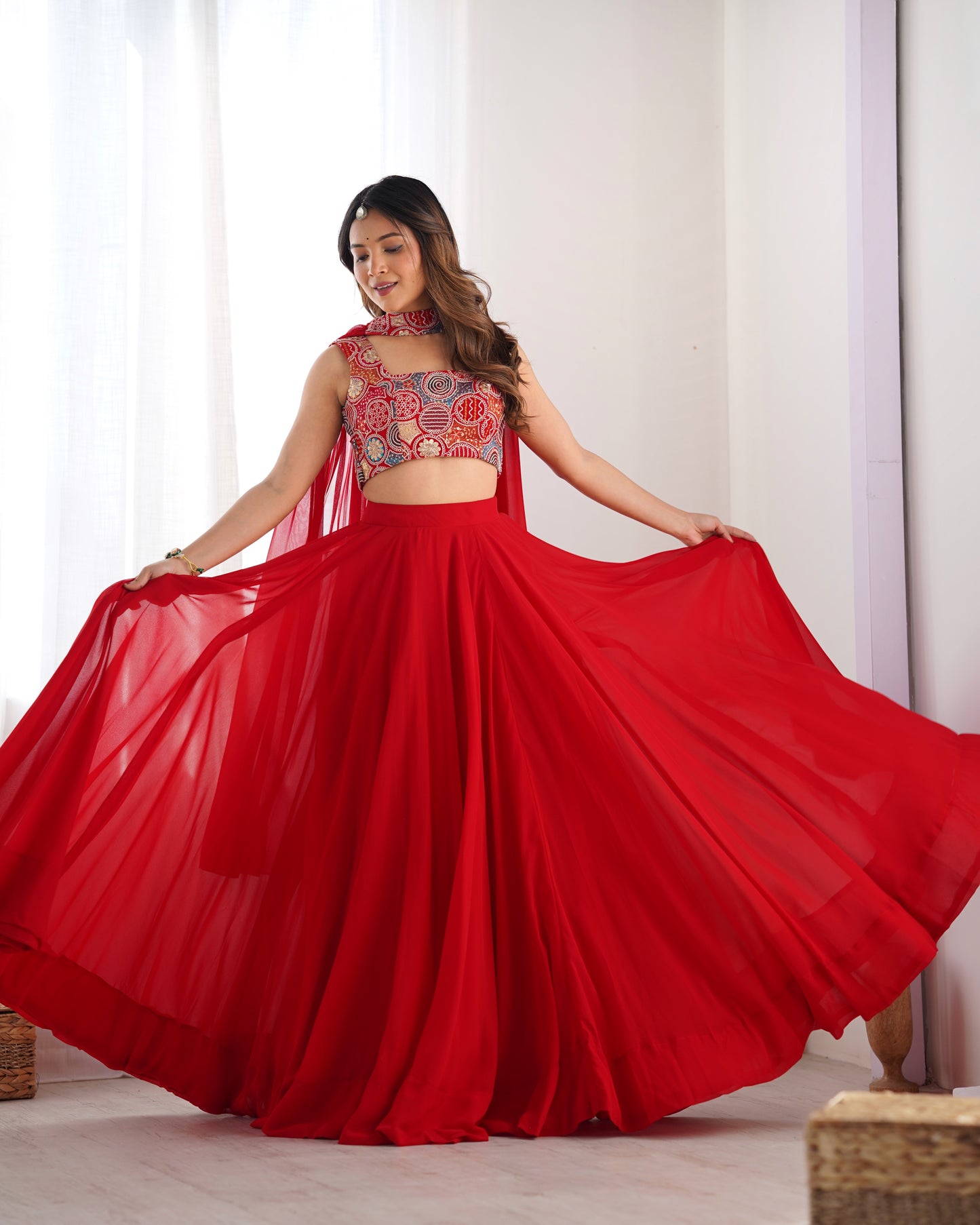 Pure Soft Fox Georgette Lehenga Choli Set Red - Yashodhara Lifestyle