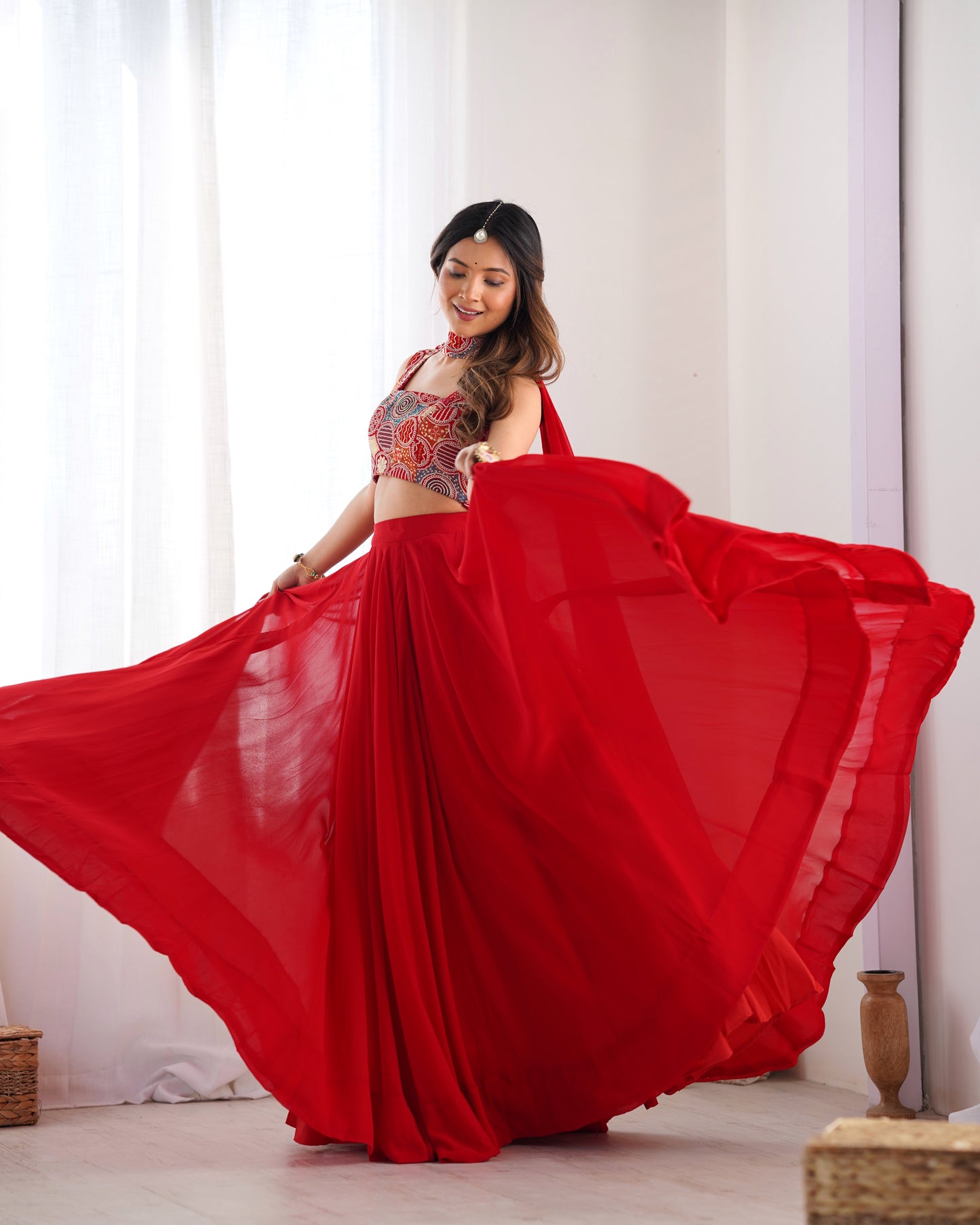 Pure Soft Fox Georgette Lehenga Choli Set Red - Yashodhara Lifestyle