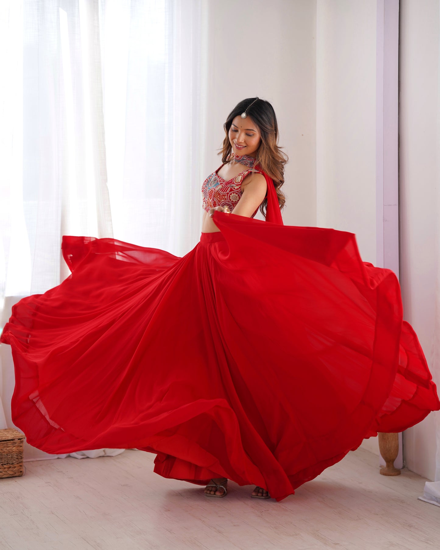 Pure Soft Fox Georgette Lehenga Choli Set Red - Yashodhara Lifestyle